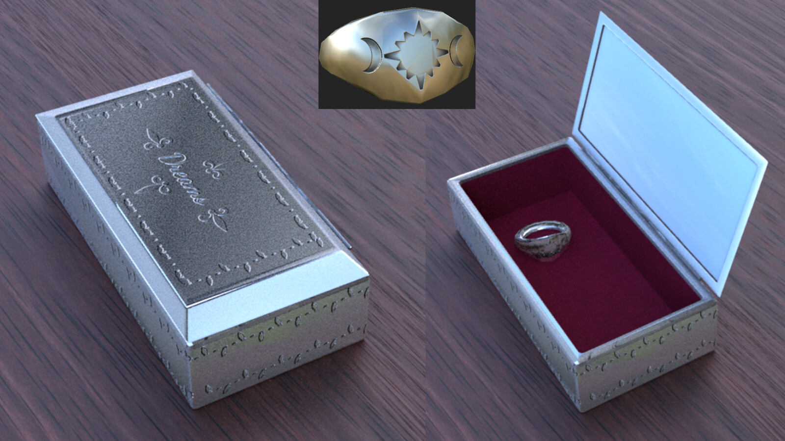 The same box in again open and closed positions from a slightly different angle. This time a close up of the signet ring is included, better showcasing the indented sun and moon design on it.