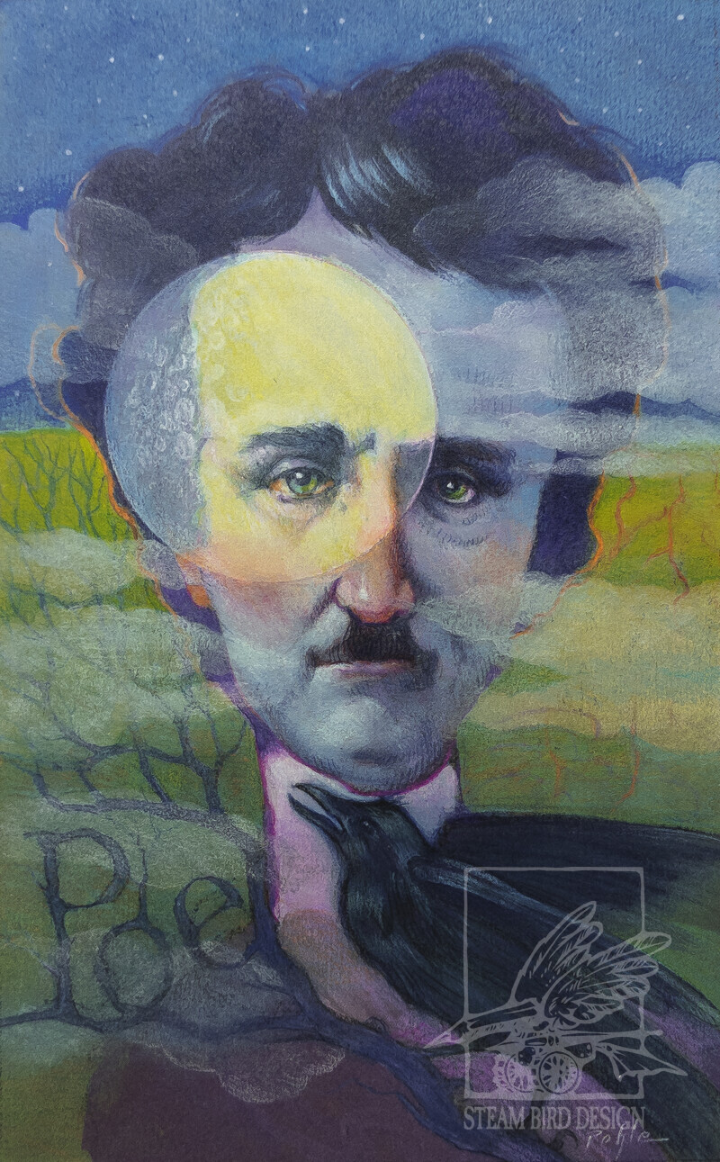 Edgar Allan Poe - Class demonstration at John Brown Universdity. Medium: Gouache and Col. Pencils.