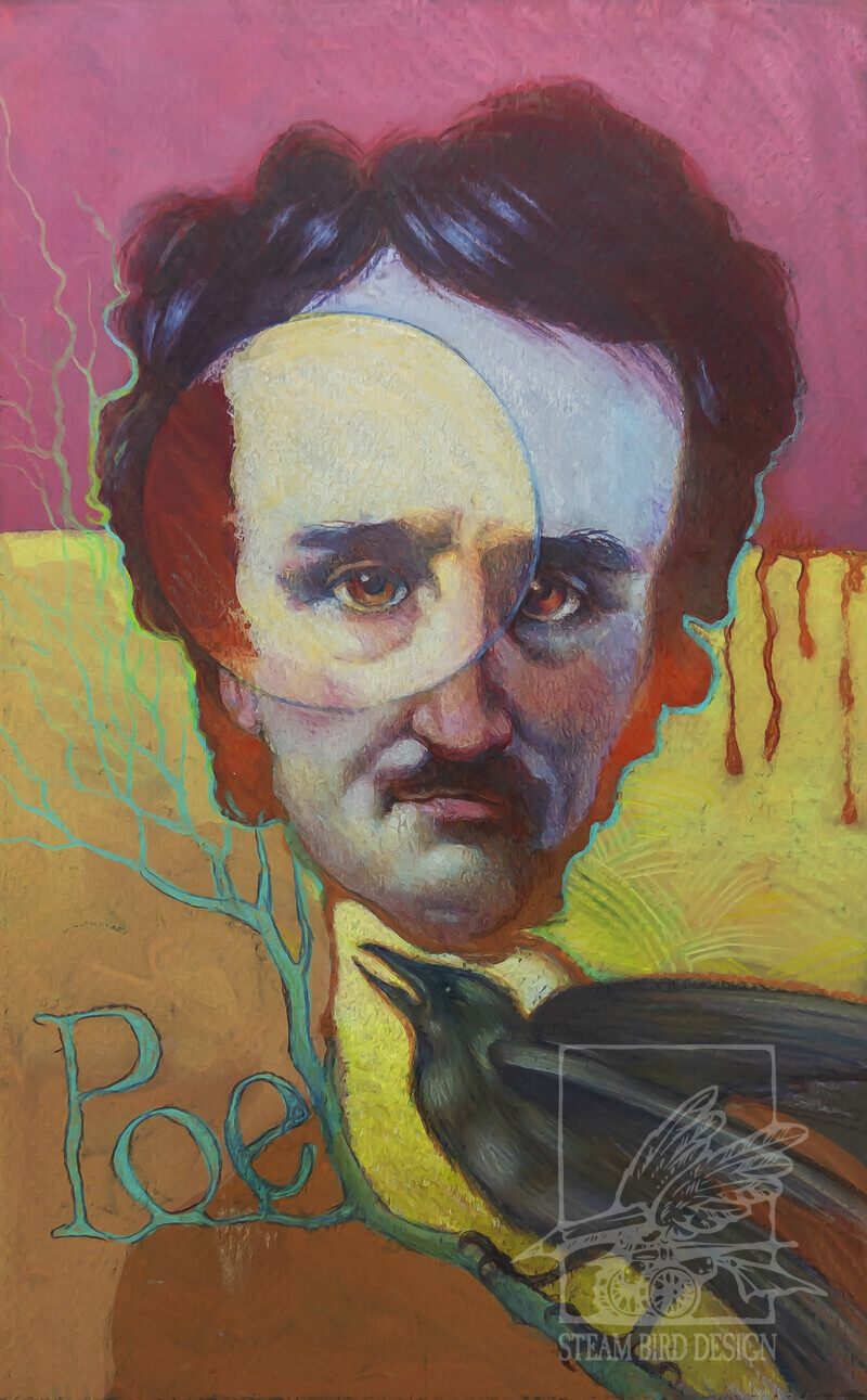 Edgar Allan Poe - Class demonstration at John Brown Universdity. Medium: Gouache and Col. Pencils.