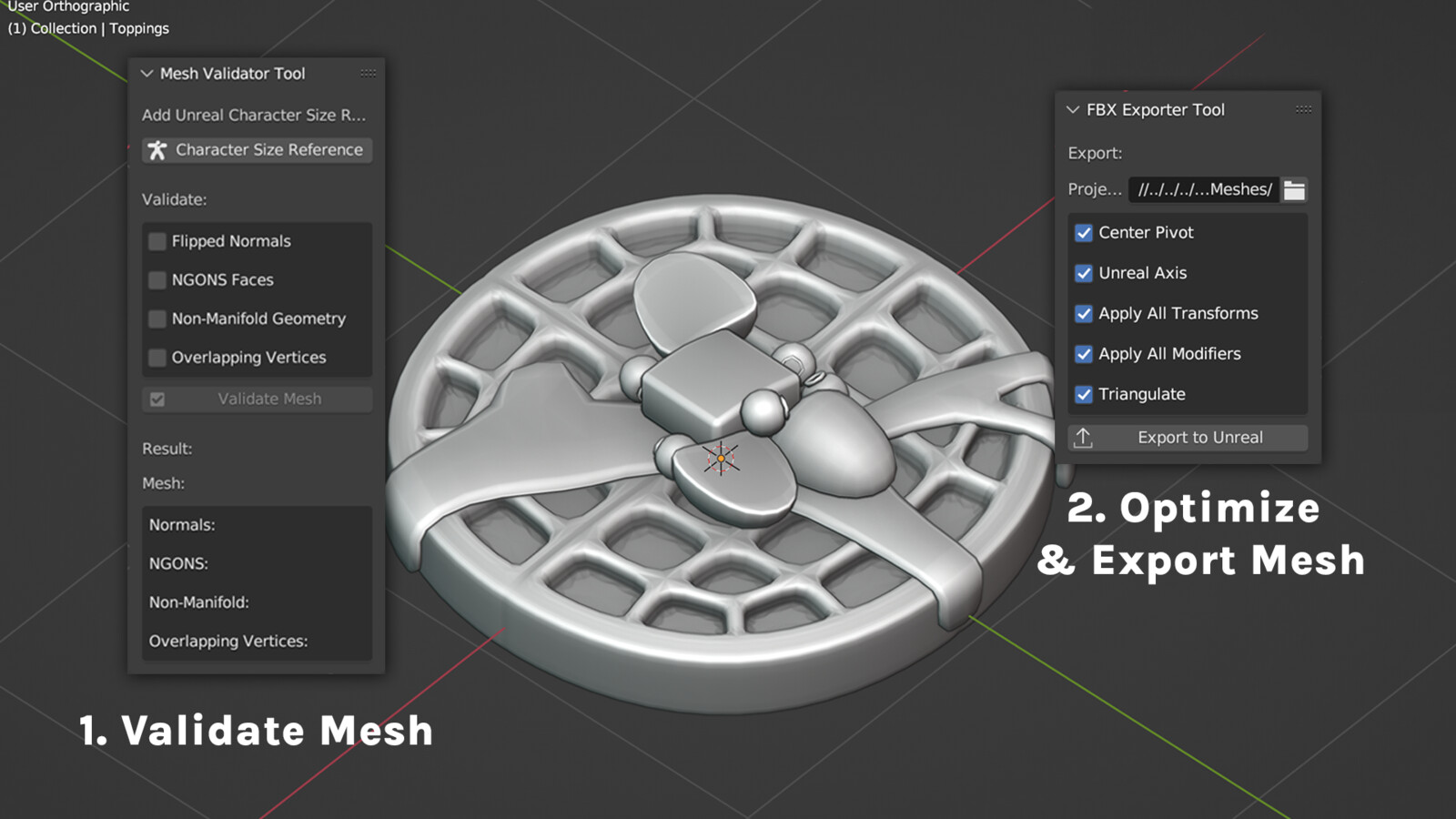The two sub-components of the Blender tool for a. Validating Mesh b. Exporting Optimized Mesh