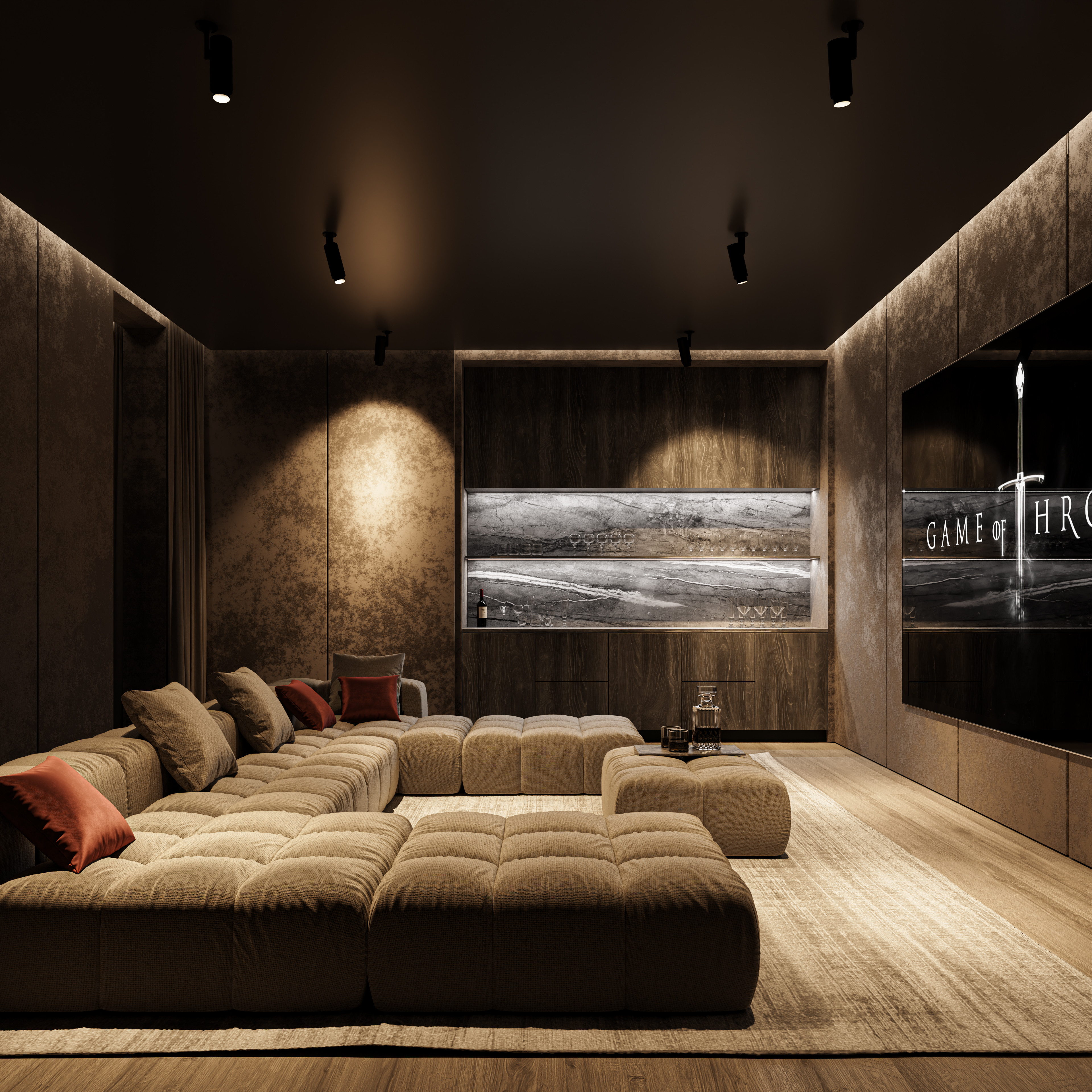 Cozy and luxurious home cinema inside a fully furnished villa in Marbella.