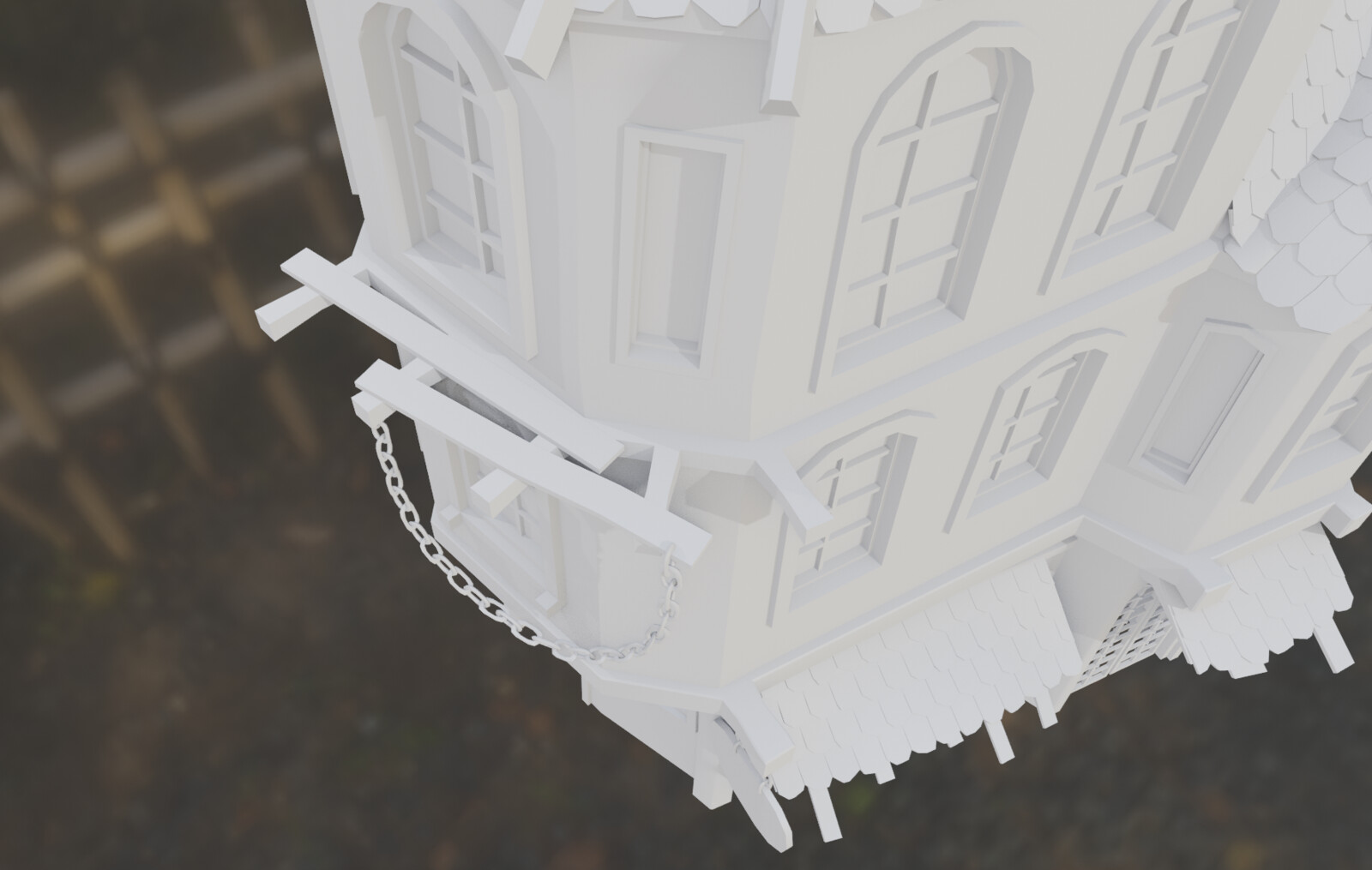 A bird's eye view of a makeshift catwalk that goes along the side of the second floor