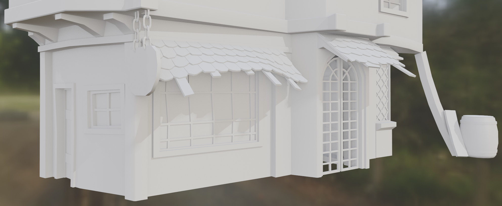 A view of the front shop window and a barred gate, potentially meant as an access point to get to the second and third stories