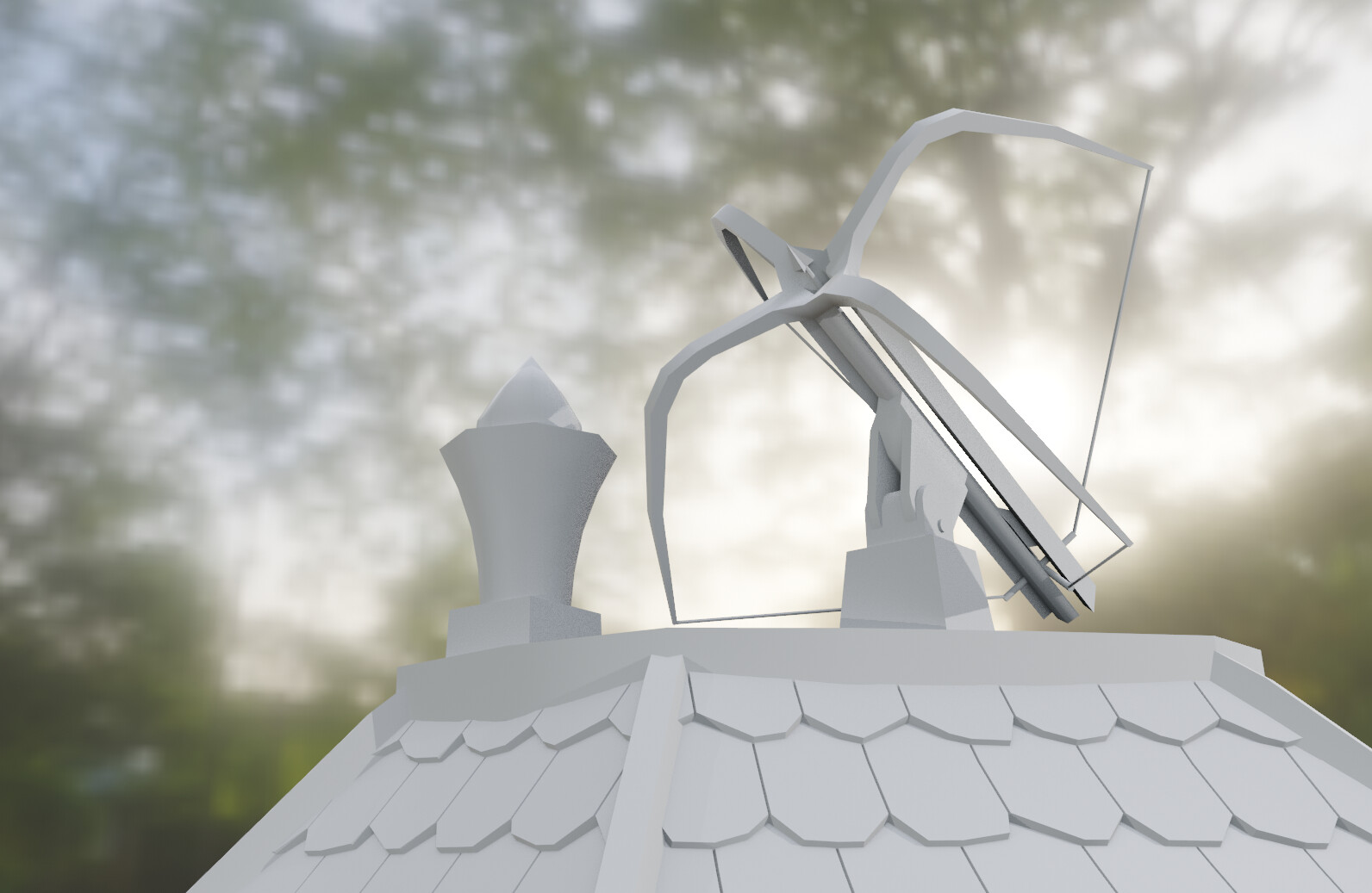 A close-up of a double-bowed ballista fashioned to the roof of the building