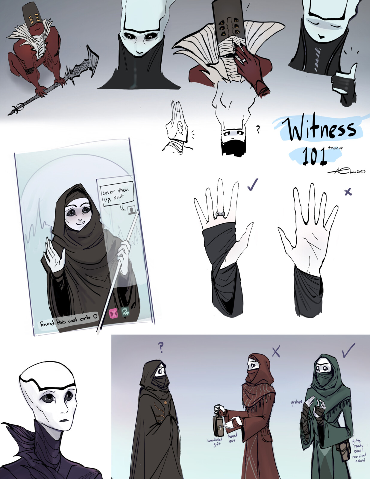 comics exploring ideas for cultural norms with established characters + events, and simple clothing for random characters (2023)