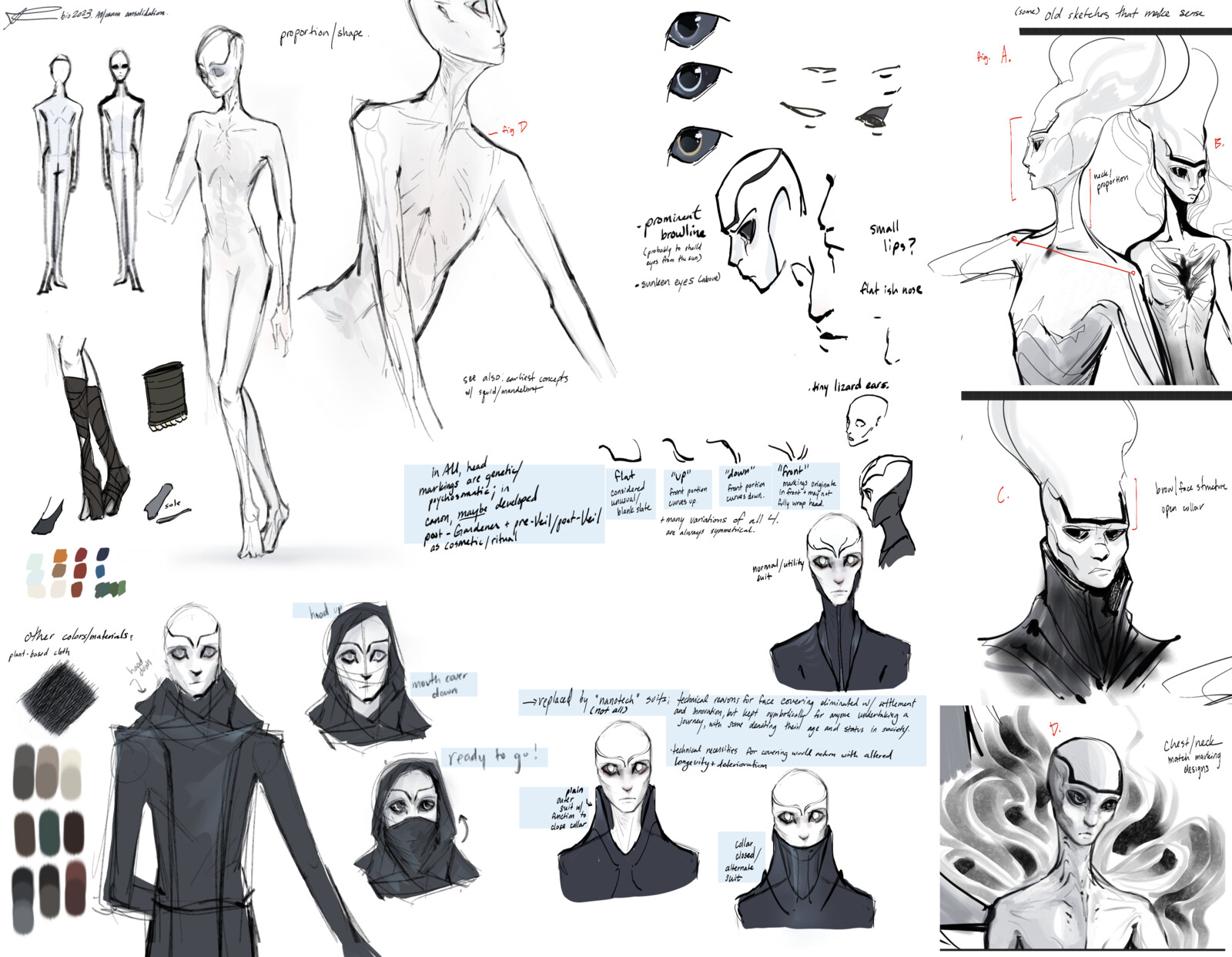 sketches for fullbody proportions and general shapes; consolidated sketches with shapes I liked but needed more specificity. potential swatches and cosmetic variations for individuals (2023)