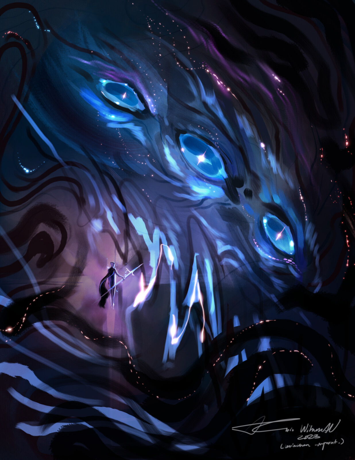 sketch of two made-up characters (precursor character to Witness; fan-design of an entity described as "Leviathan") meeting/confronting, almost an archangel+demon moment, but reversed (2022)