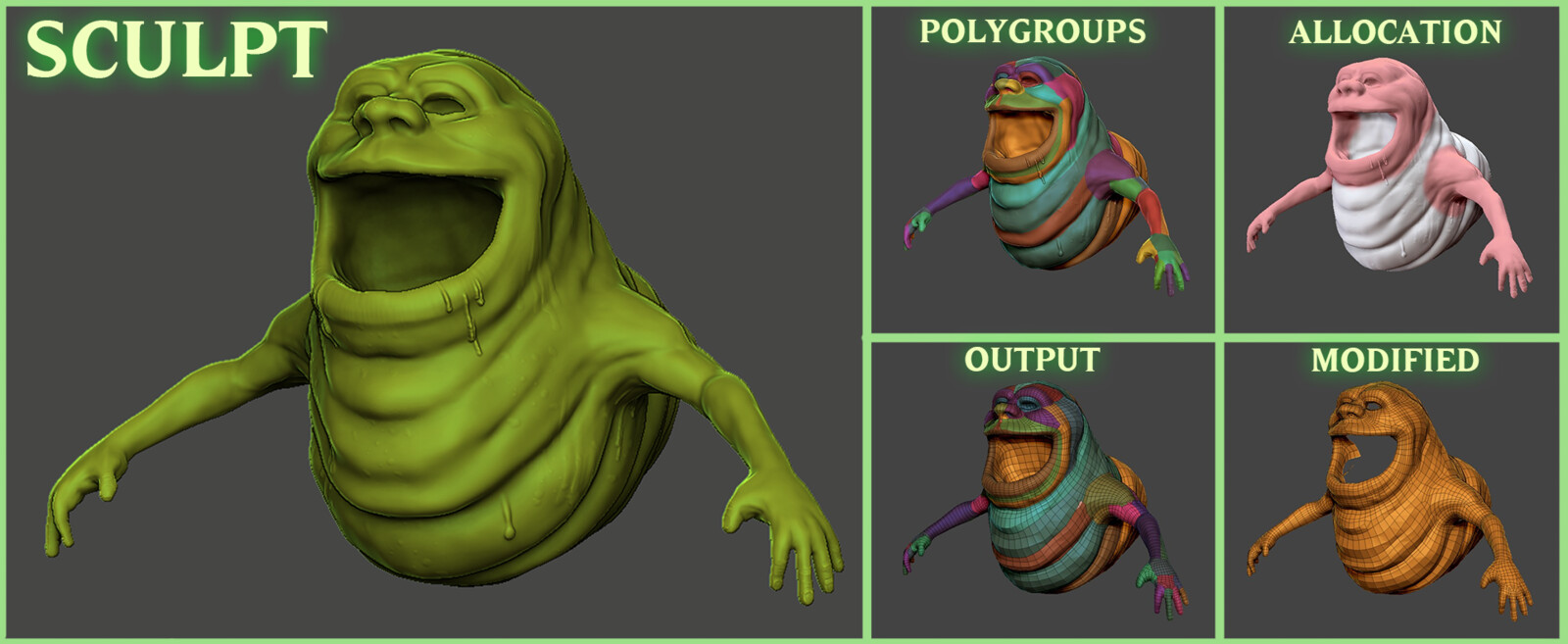 Zbrush for creating the sculpt and low poly cage. Tried something new (to me) with polygroups to see if it would speed up workflows. Ended up with mixed results, still needed a lot of manual work around areas of deformation.