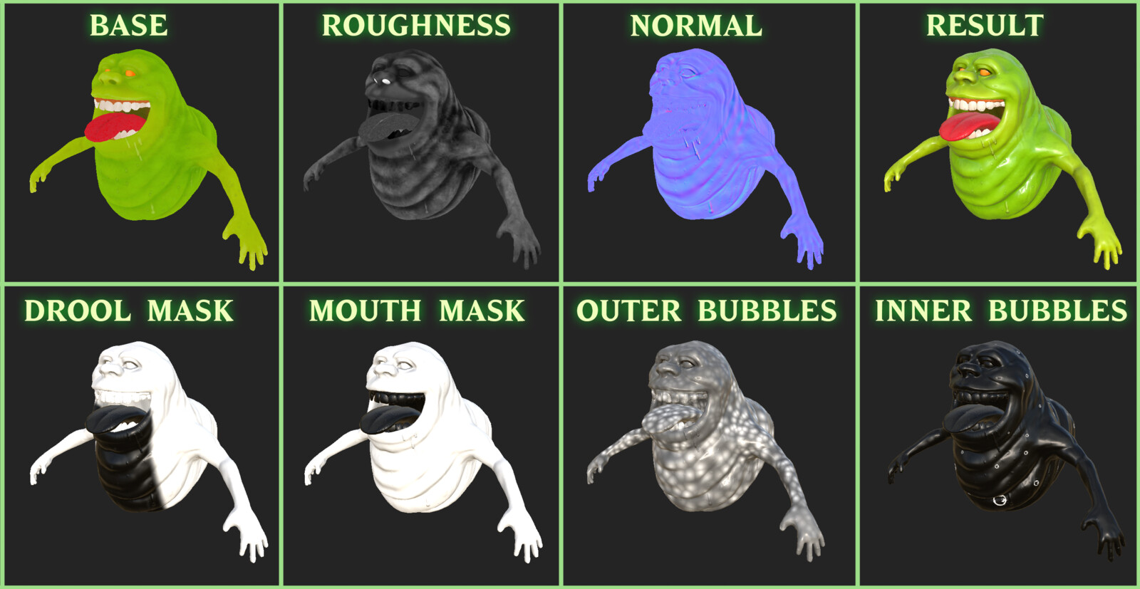 Was not sure how much influence the shader would have over the textures at this point, so the standard maps are simple.  The masks were to define areas of influence for the shader or to cut out from certain parts, and the bubbles were for faking depth.