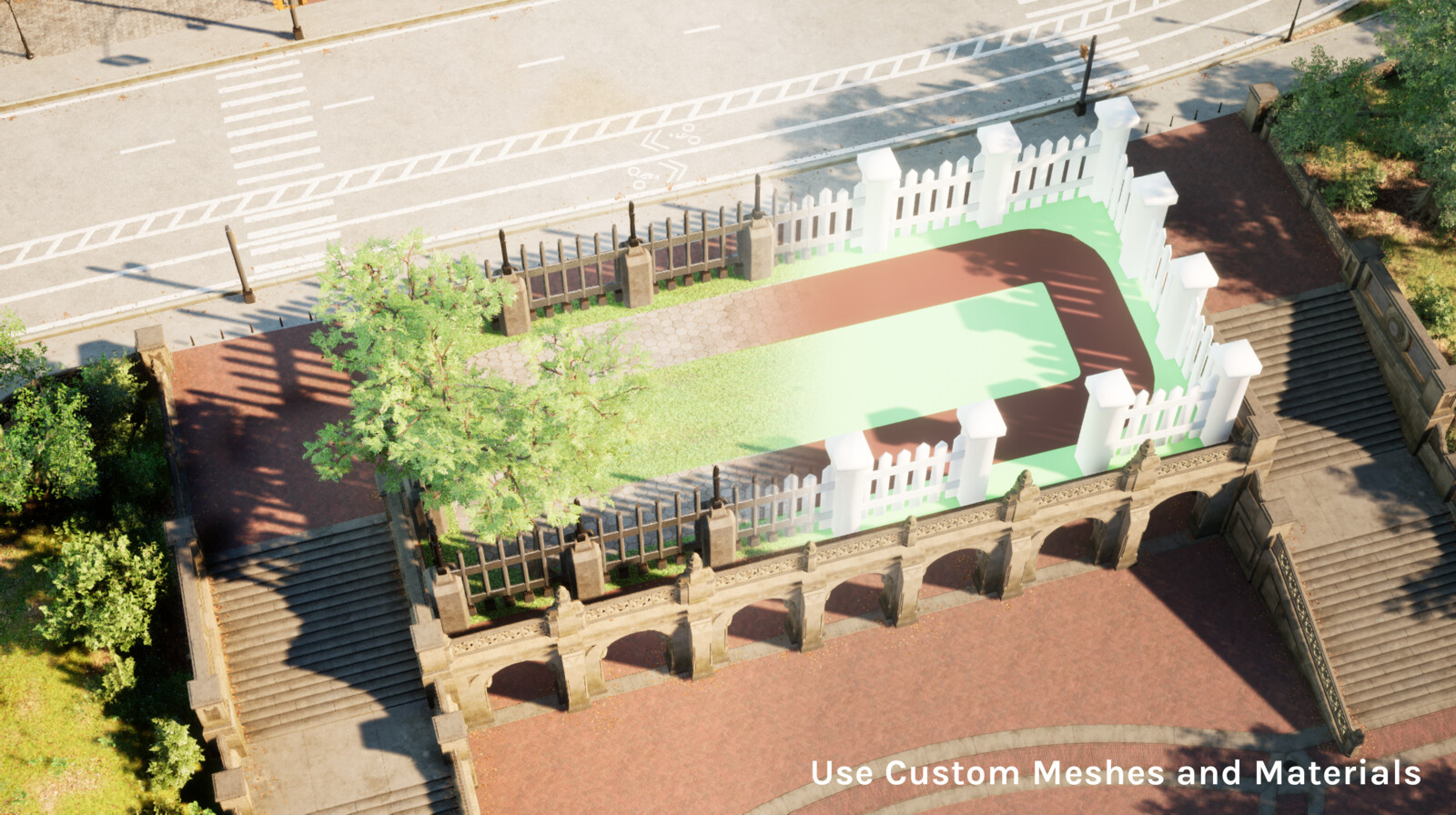 The tool comes with it's own UV unwrapped meshes for the fence, but can easily switched with custom meshes and materials provided by the user