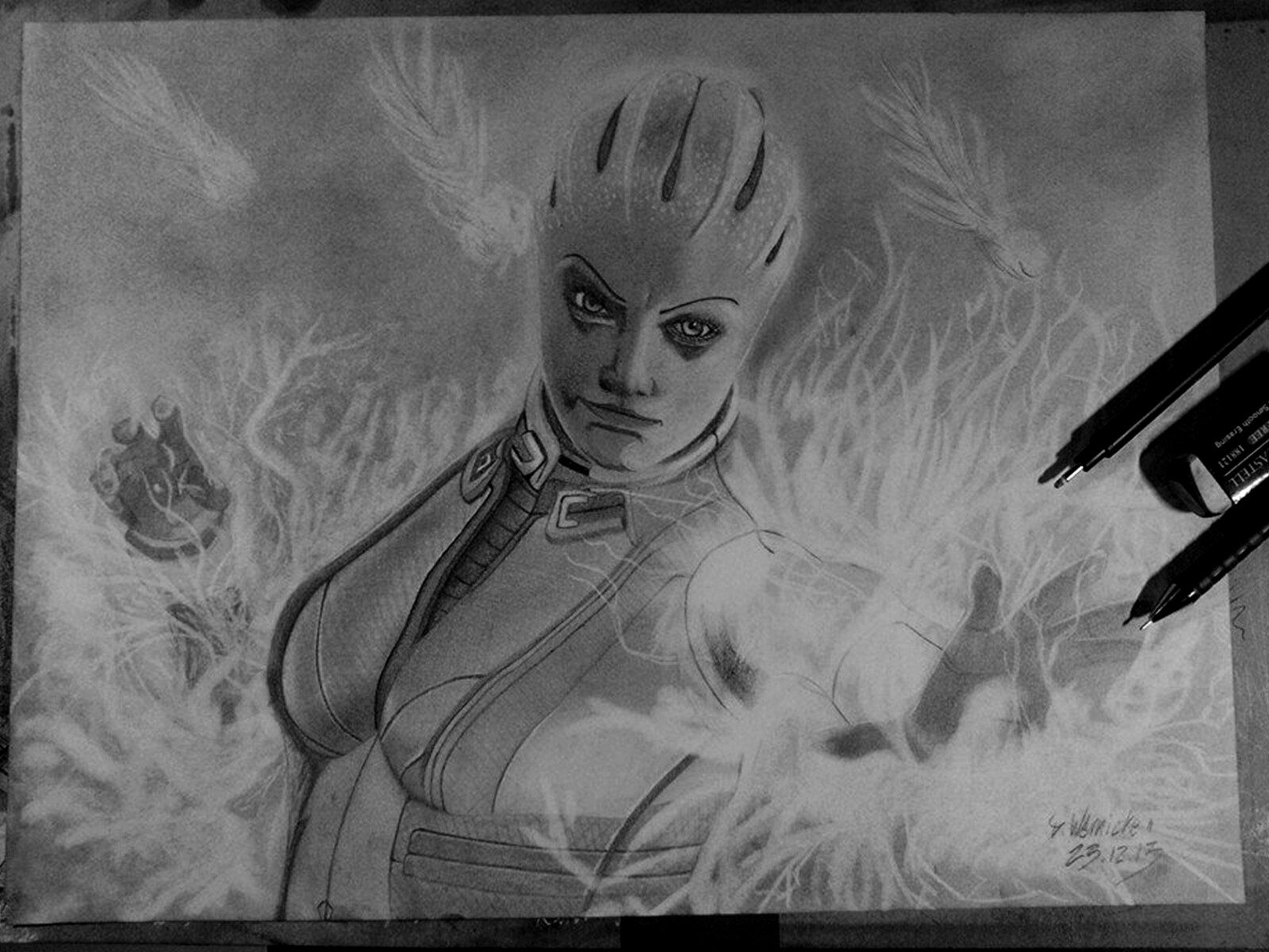 Liara (2013, DIN A3)

Mass Effect Fan Art. I just did this because of one Track of the "Lair of the Shadow Broker OST" - "Agent Combat"