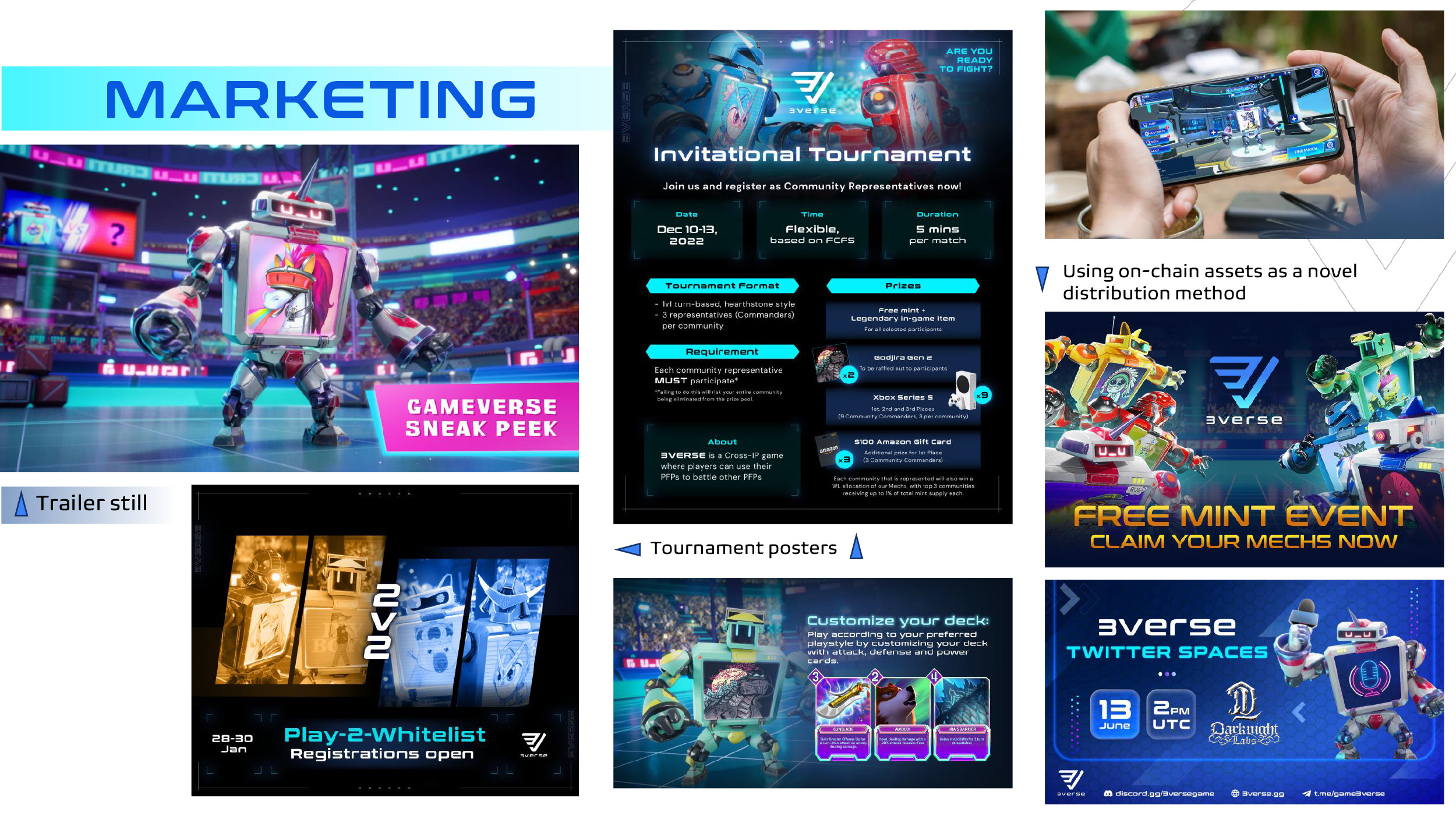 Some of our many marketing collaterals created, mostly revolving around the tournaments and AMAs that I hosted at the start. Several amazing community members stepped up to become moderators, eventually co-hosting some of the tournaments.