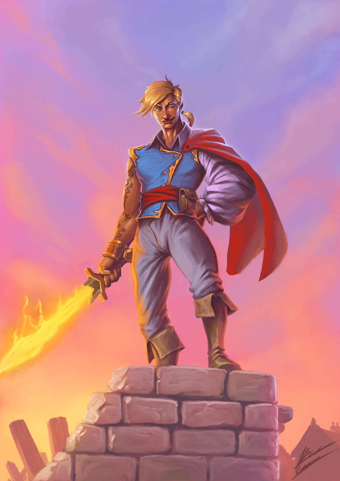 A commission I did for a dear friend, his character is a swashbuckling Hexblade who was "cursed" by a Lawful Good entity who forces him to be more heroic and less chaotic