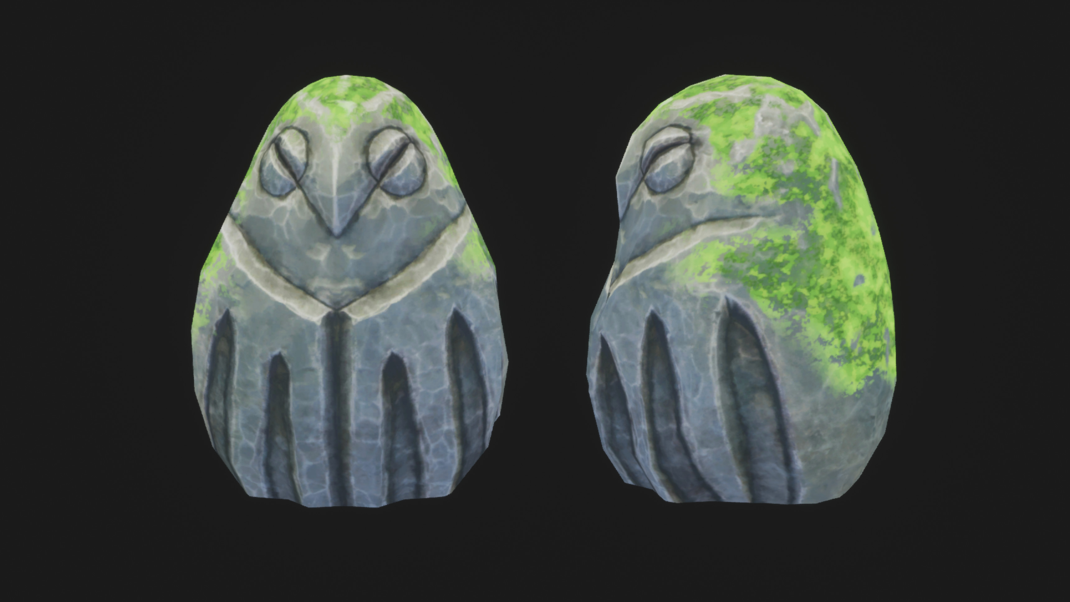 Avian statue with moss.