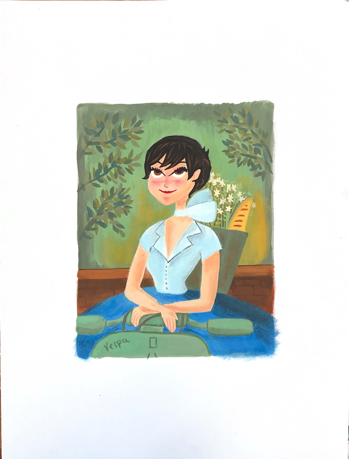 My version if Audrey Hepburn from Roman Holiday as the Gioconda. Gouache paint on illustration board.