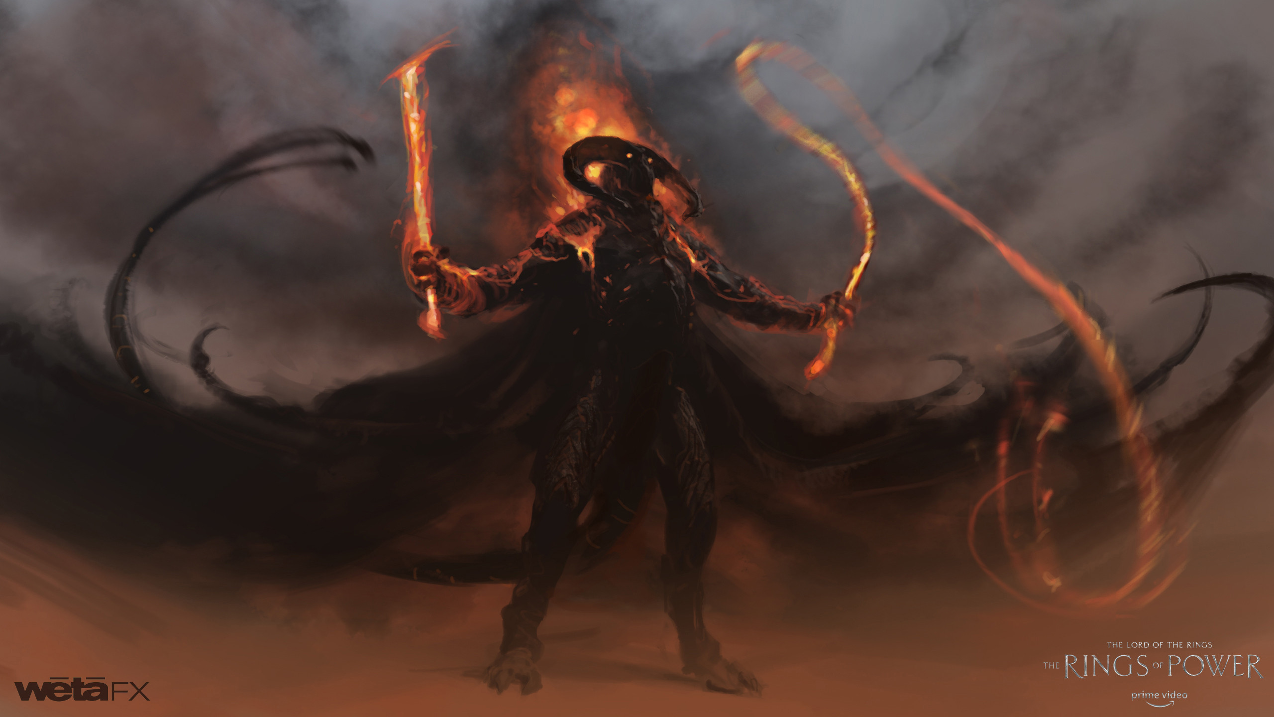 First pass sketch. I really liked the idea of seeing Durin's bane in this much earlier time in a humanoid form without wings (more vast, shadowy cloak). The notion being that this spirit of shadow and flame would manifest differently at different times.
