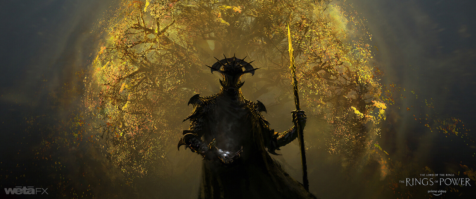 Concept for the first frame in a shot where Morgoth closes his fist around the Silmarils as the tree's light behind him is extinguished, fade to black.
