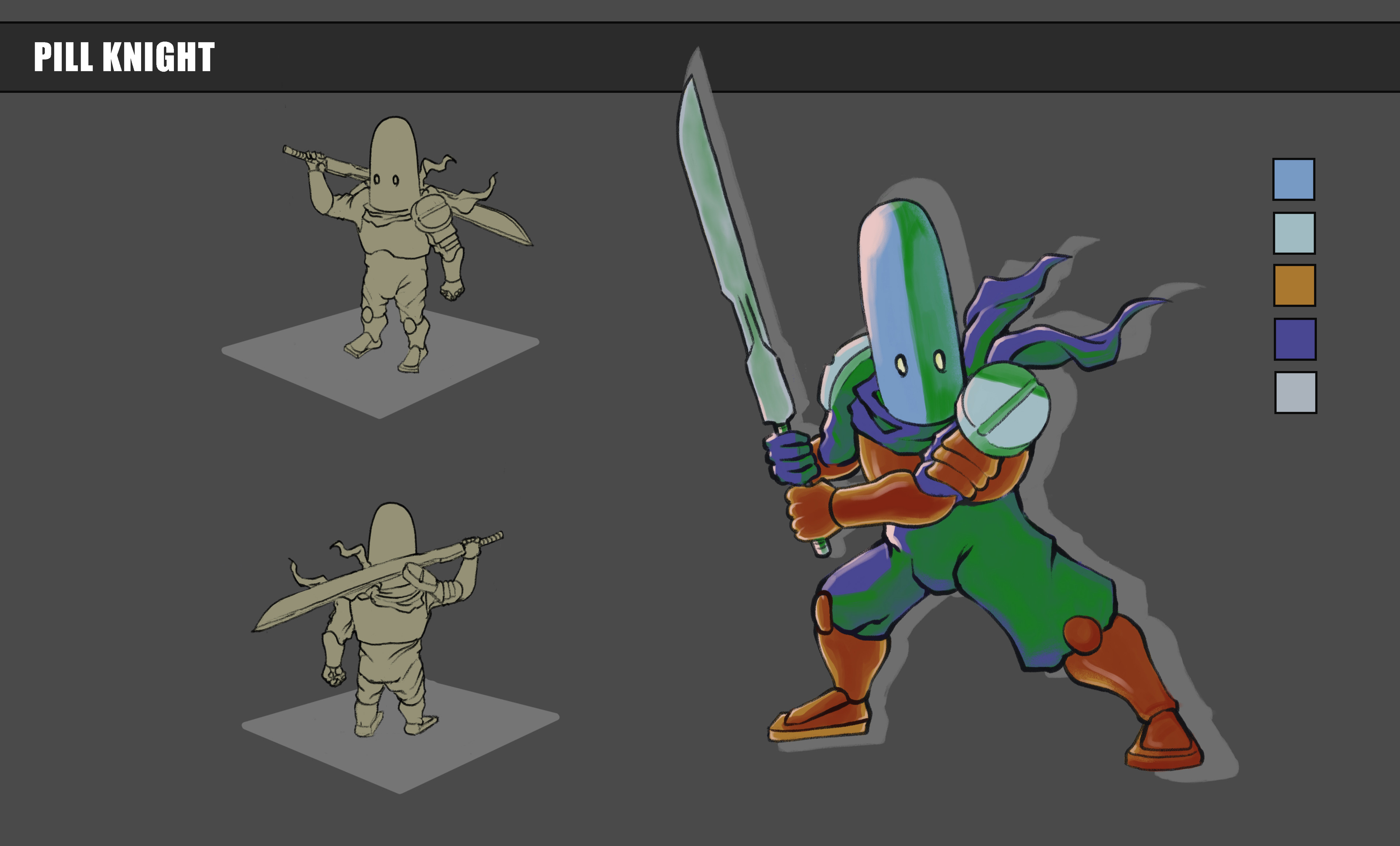 I did a concept art variation of my friend Calvin Kim's character Pill Knight for a game project we had to do. This was done in May of 2023
