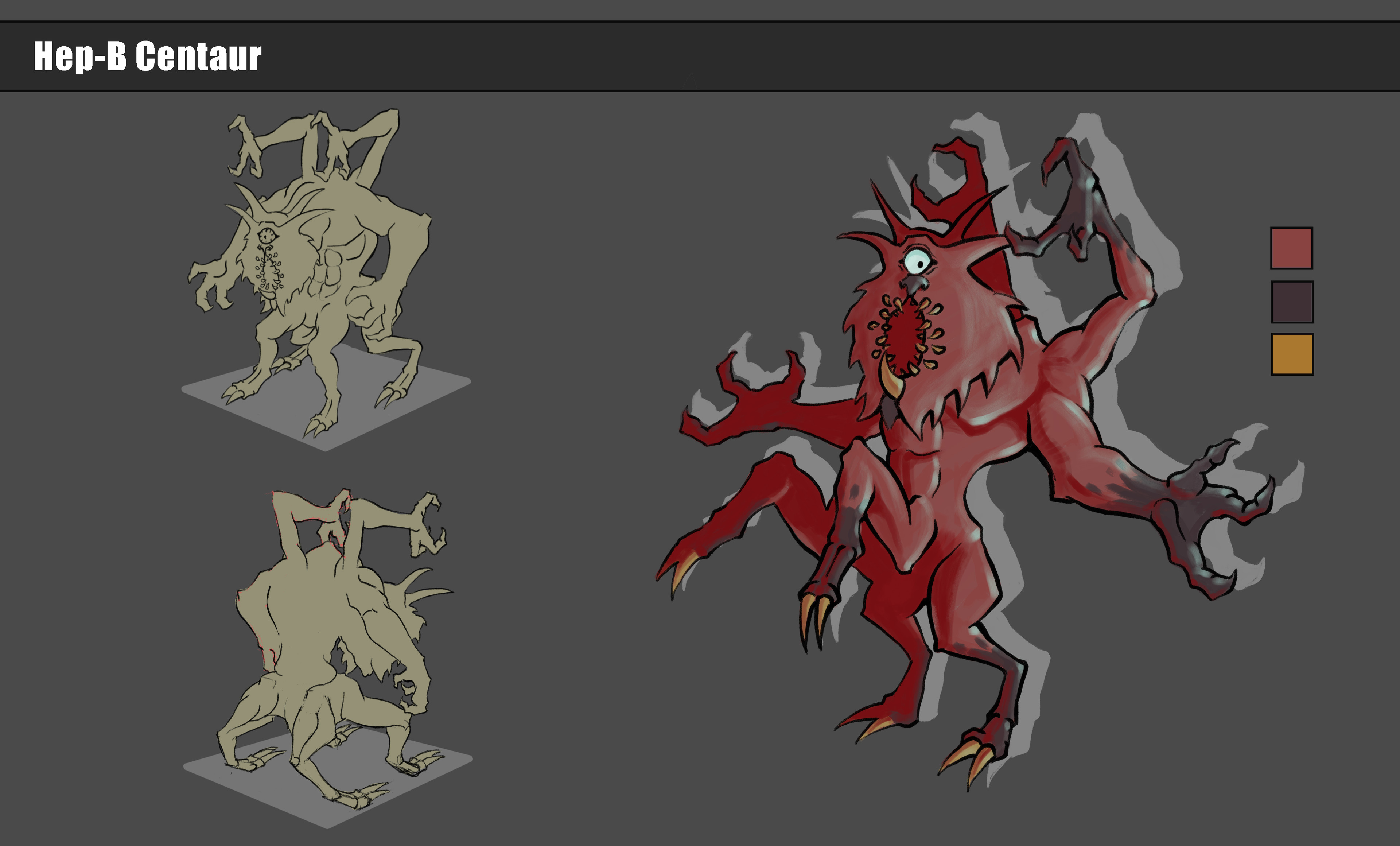 Hep-B Centaur is a respinned creature design for a project I had to work on. The goal was to make it more light-hearted yet an intimidating foe for an RPG game.