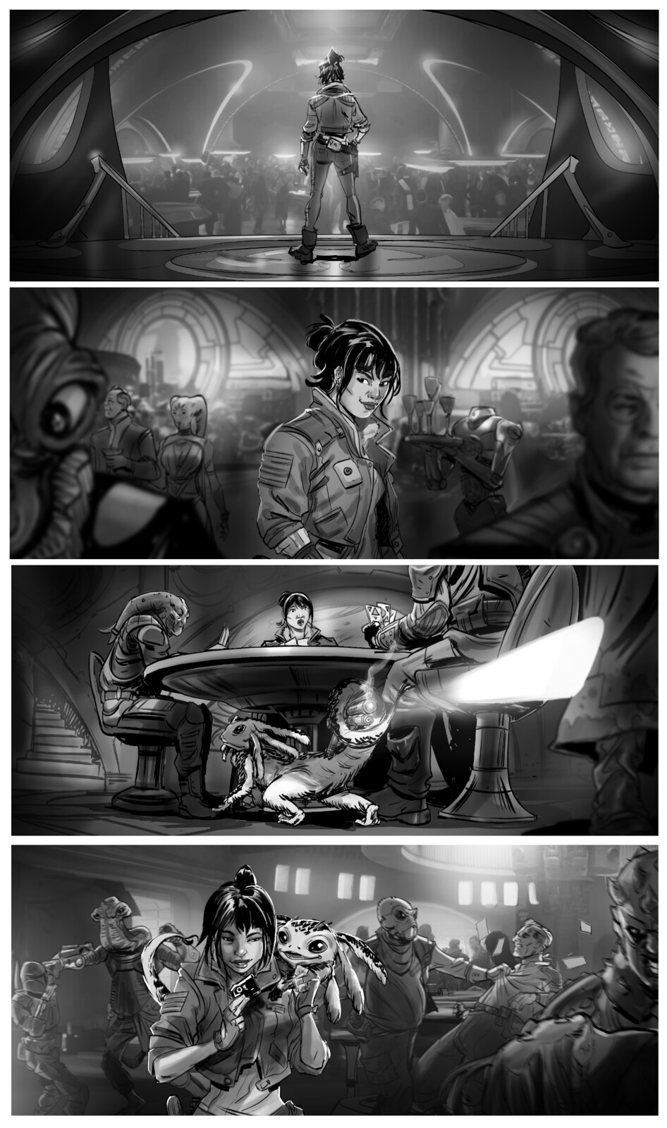 These were keyframes we used to sell the mood and energy of the script submitted to Ubisoft. Original concept by Bhudda Jones studios.