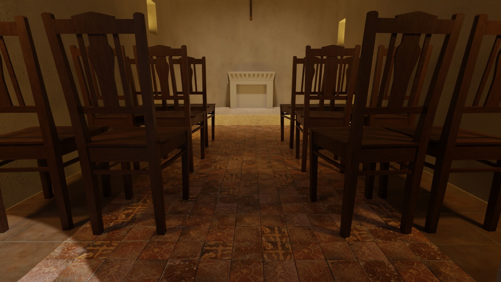 The chapel's interior was reconstructed based on accurate dimensions measured from the actual building. Tiles found scattered on-site have been arranged as per historical documents, using photographs of the real tiles to ensure authentic texturing.