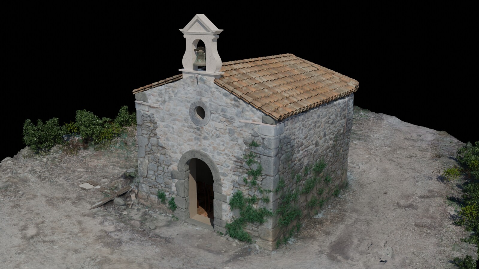The final rendering showcases the chapel roof fully reconstructed using 3D visualization.