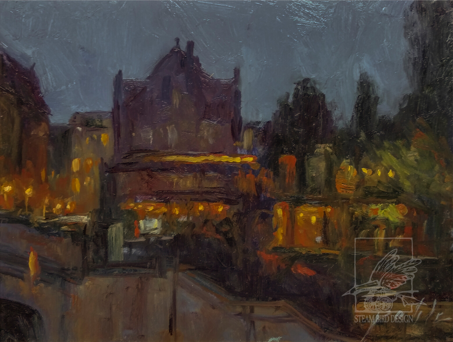 Monbijou Bridge in Berlin at Night / 8x10 oil on board. Plein-air painting.