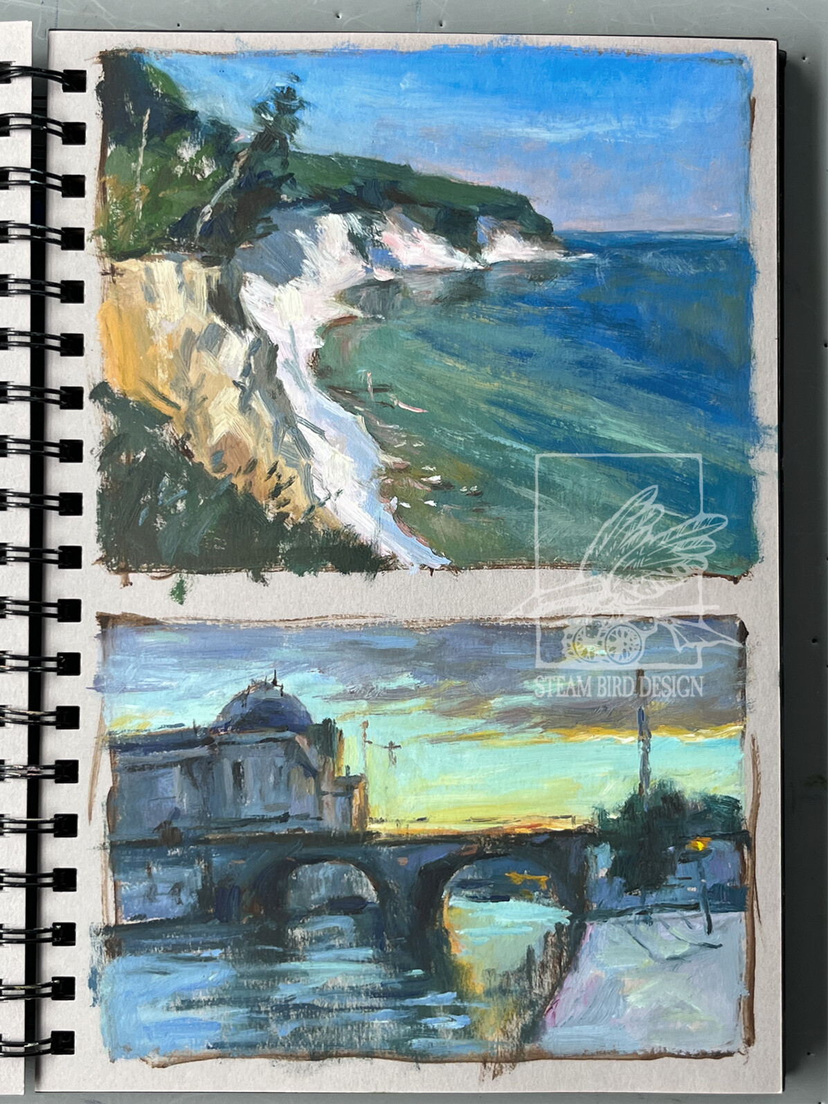 Chalk Cliffs on Ruegen Island &amp;amp: Evening at the Bode Museum in Berlin / 6x8 Oil sketches.