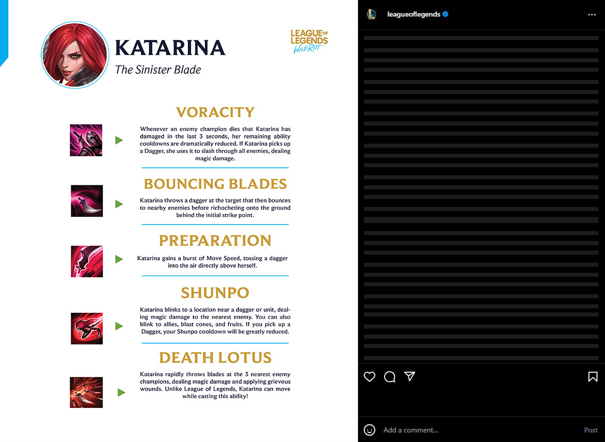 Wild Rift Katarina Ability Overview (Instagram Mockup)