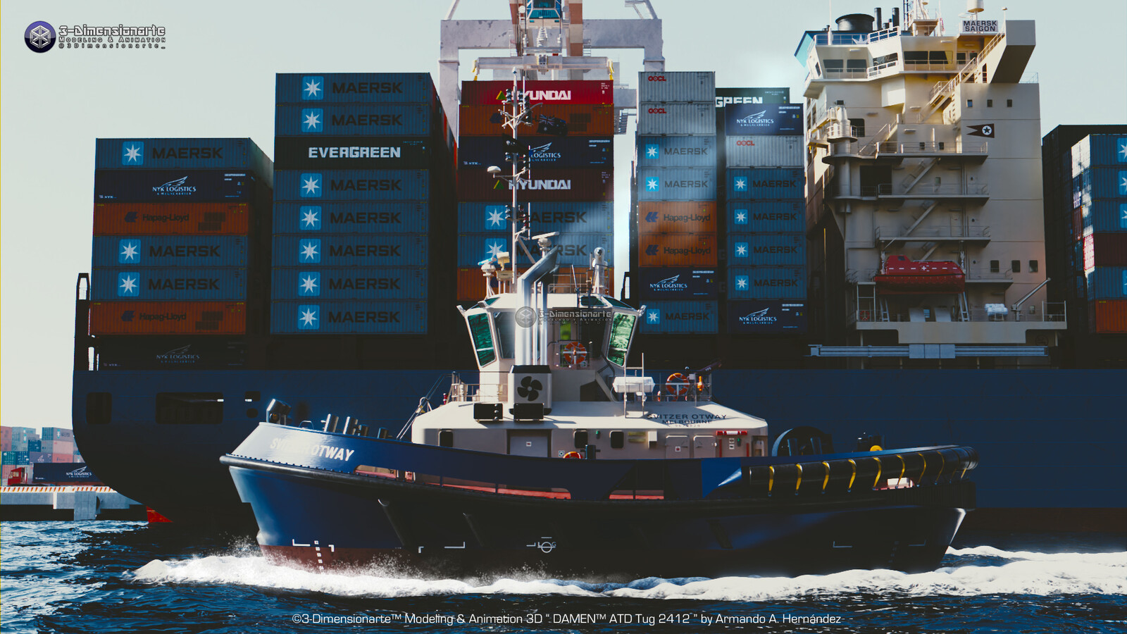 Ultra Detailed ATD Tug 2412 +
my also highly detailed 8,400 T.E.U. Container Ship