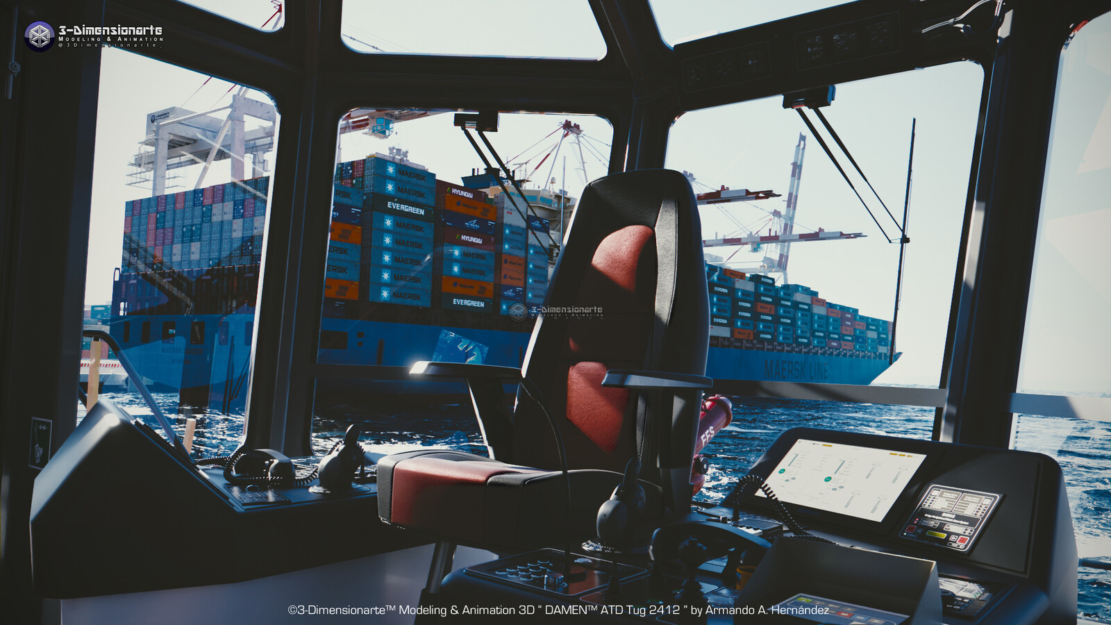 I love everything in this shot, from the Highly Detailed navigation instruments, to my Container Ship being loaded in port
