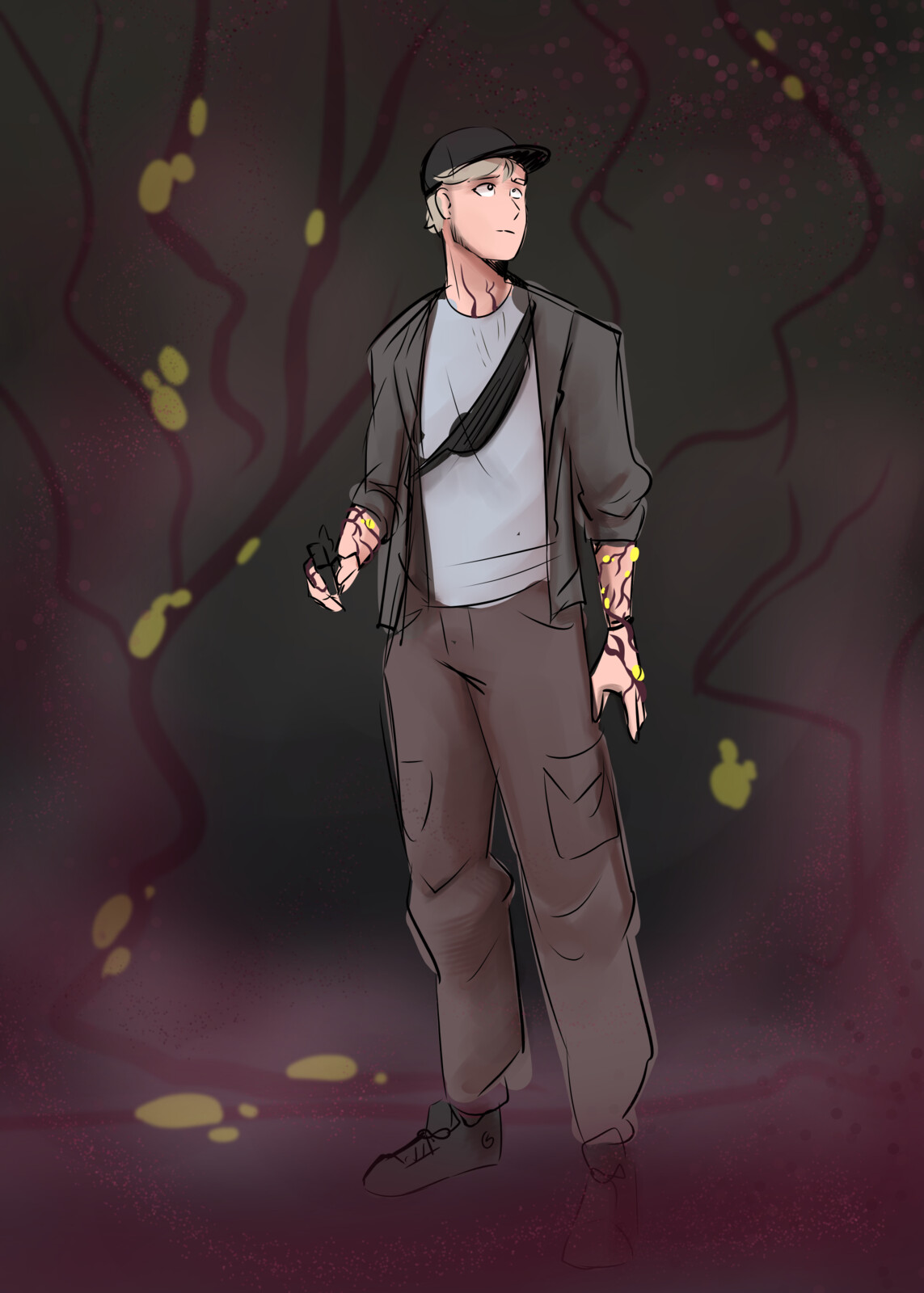 Esquisse rapide du personnage principale, Dale, qui est un Youtuber explorant la Bunker/Laboratoire abandonné