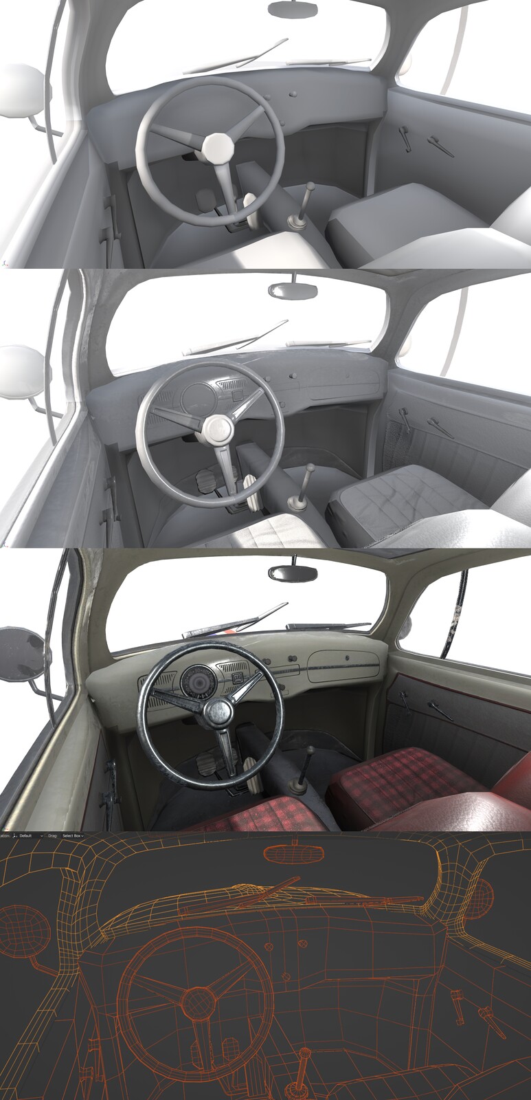 An interior view of the base model, the model with normal details, the model textured and the model in wireframe