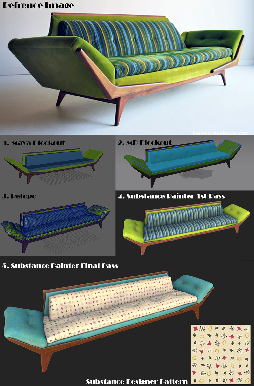 This couch was the first prop completed in this project. I modeled the blockout in Maya, then took it to Marvelous Designer where I completed the cloth. I then turned it in Substance Painter. A coworker and I combined our ideas together to make the final.
