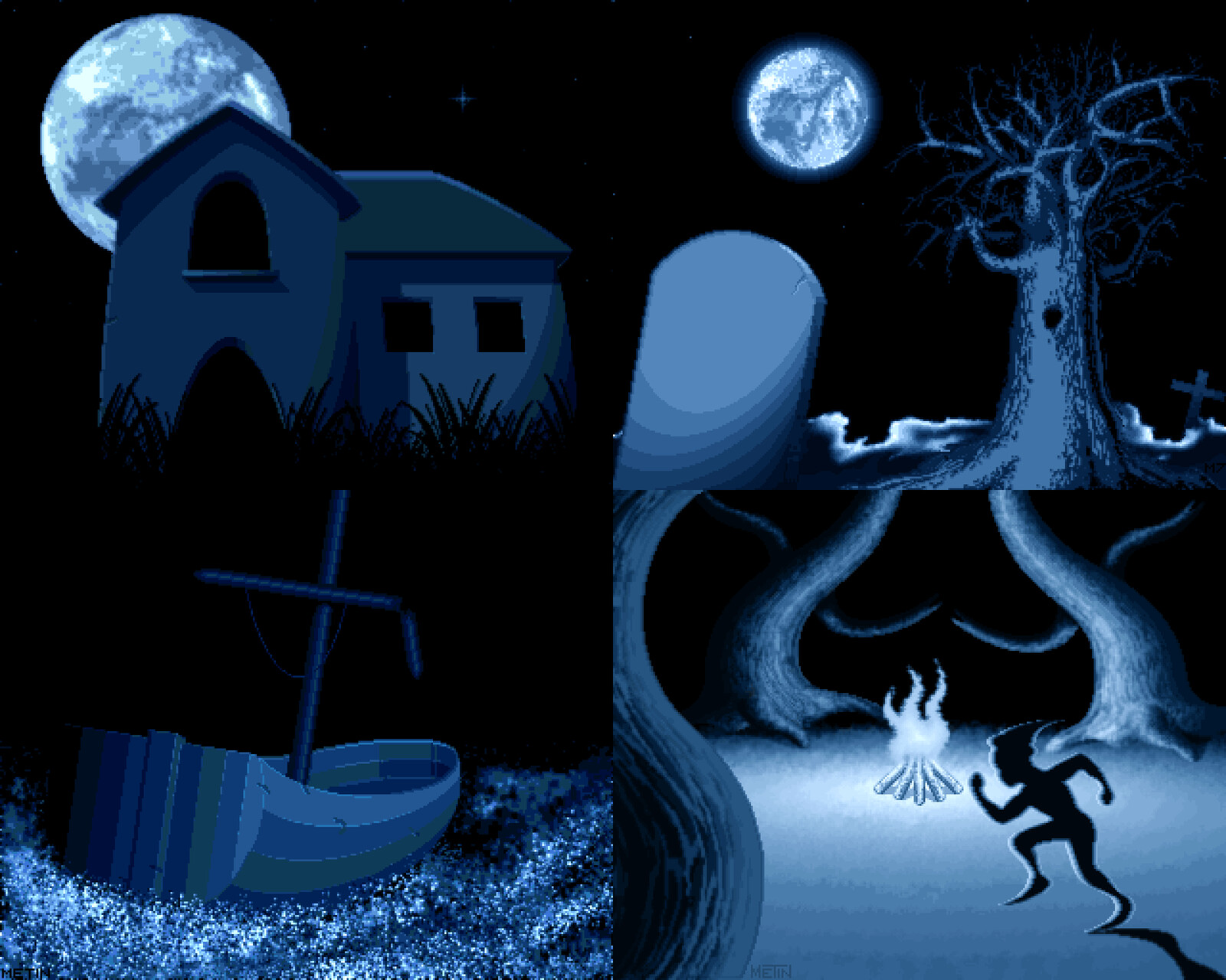 Old pixel paintings, made in Deluxe Paint (DPaint), in a resolution of 320 x 256 pixels. The one with the grave was used as the game over picture for the Amiga game Borobodur (1992).