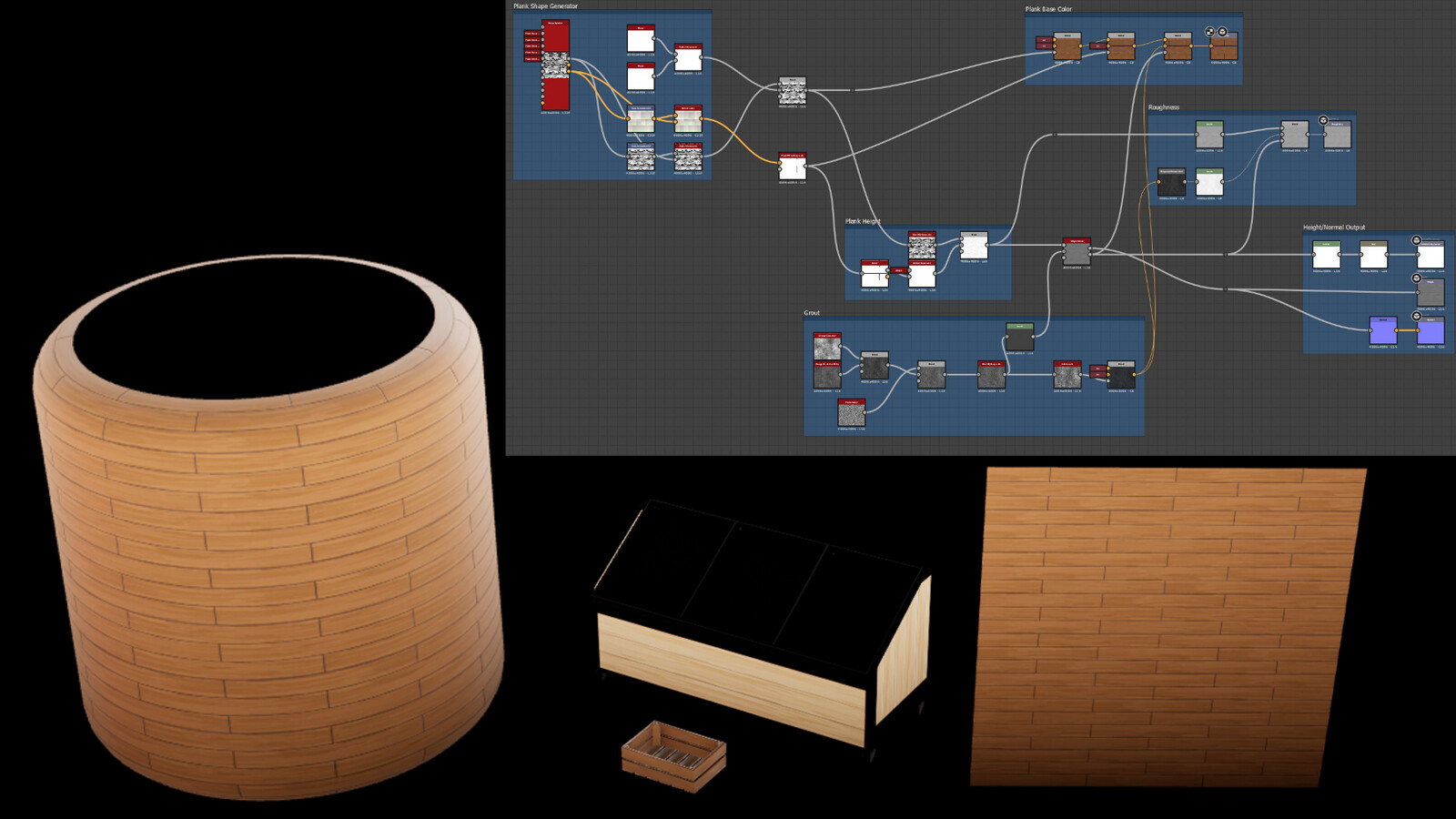Custom floor board material made in Substance Designer and added to a number of different assets using Substance Painter.