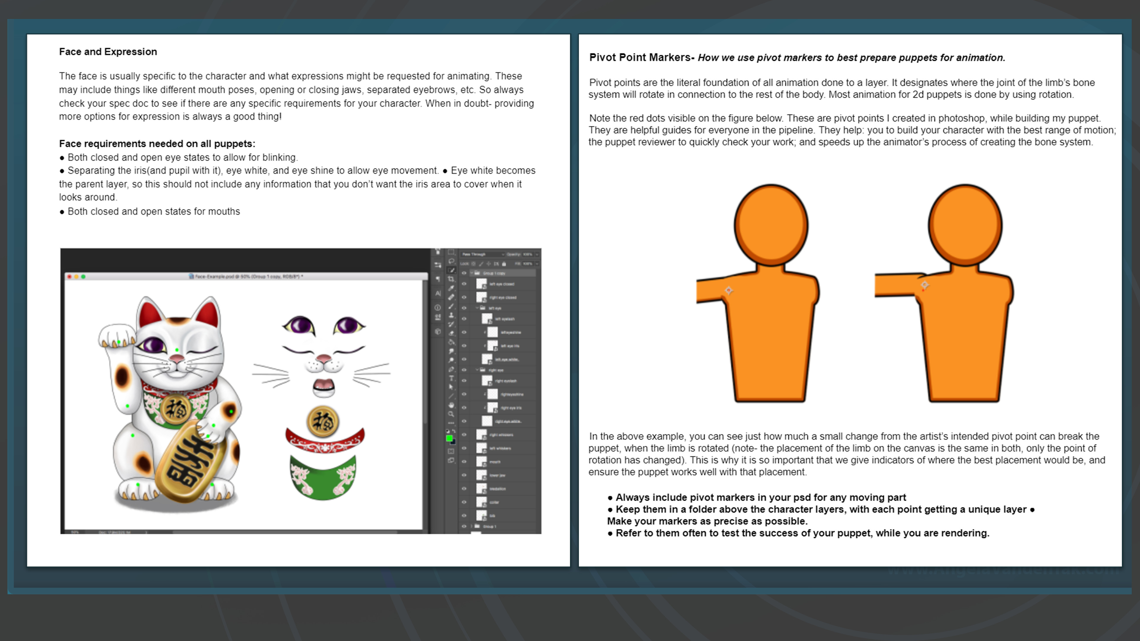 Example pages from Super Free Games' Puppeting Best Practices onboarding document.