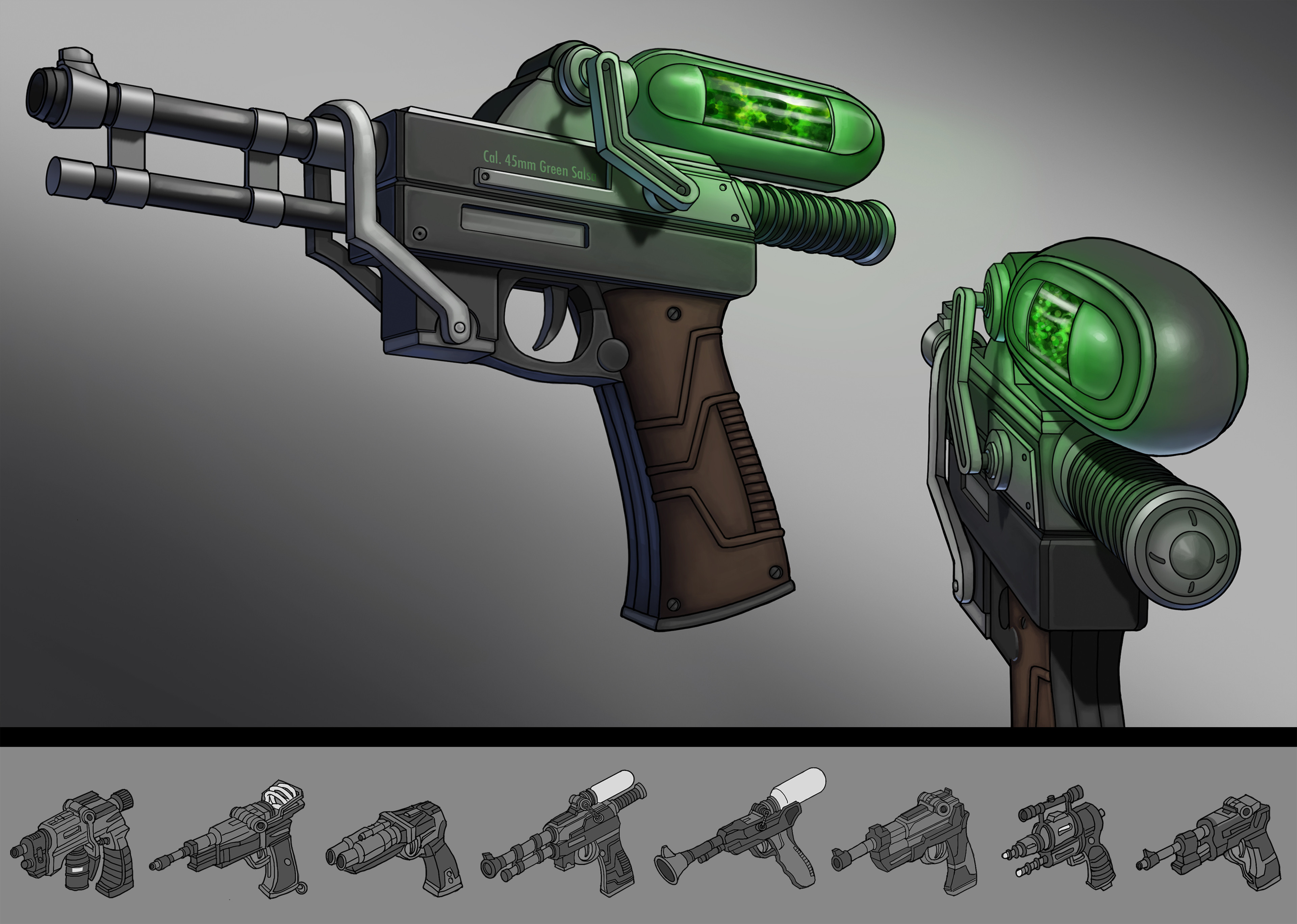 Final illustration and initial thumbnail designs to find the look of the pistol