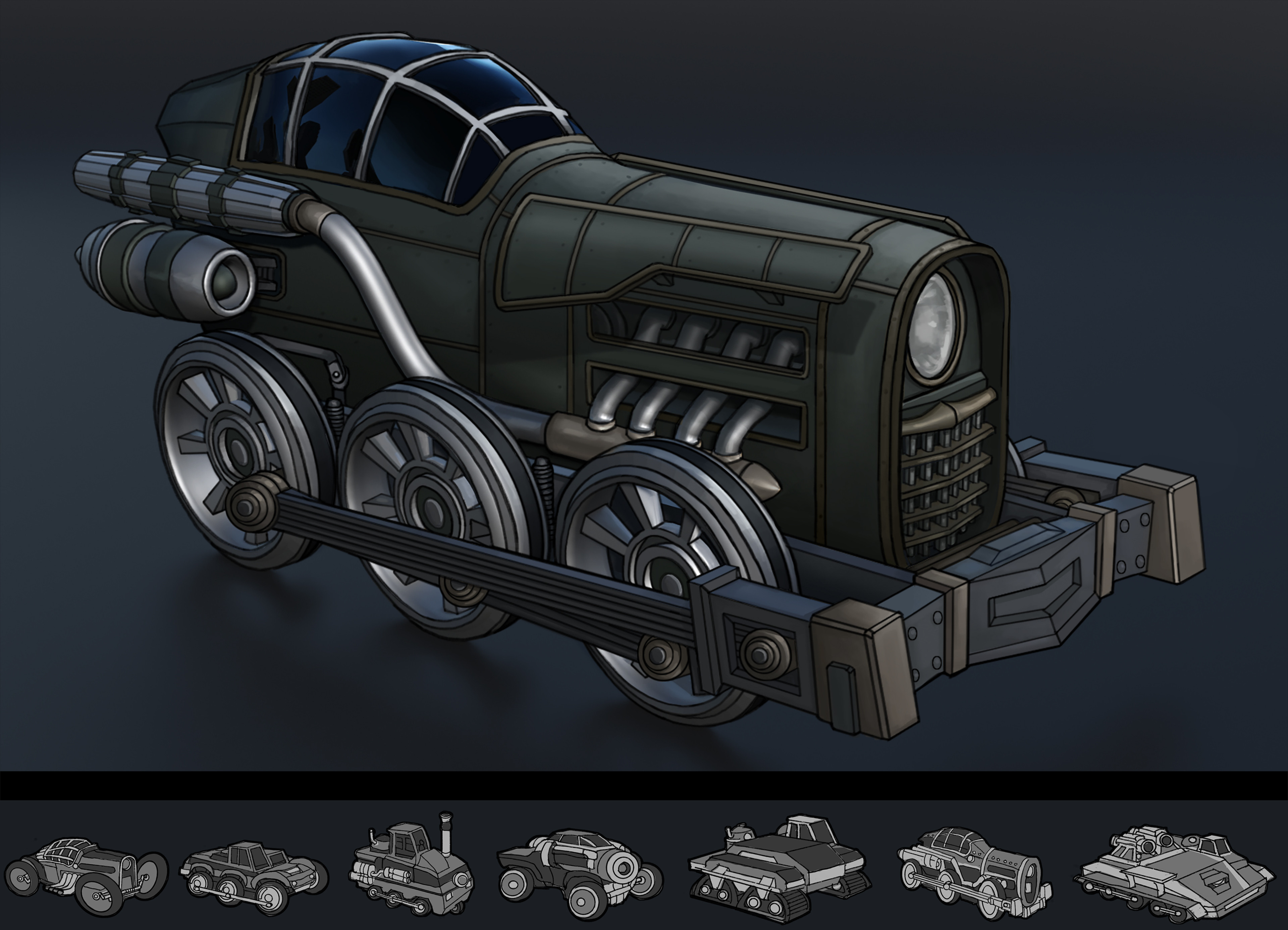 Steampunk hotrod final design and initial thumbs to find the design of the vehicle