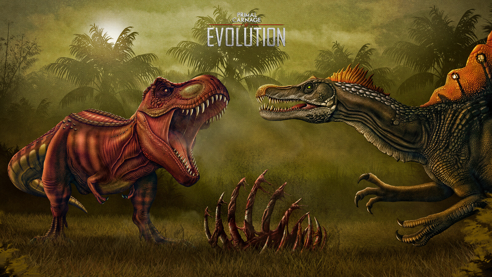The T rex and Spinosaurus dispute over the remains of a carcass. 