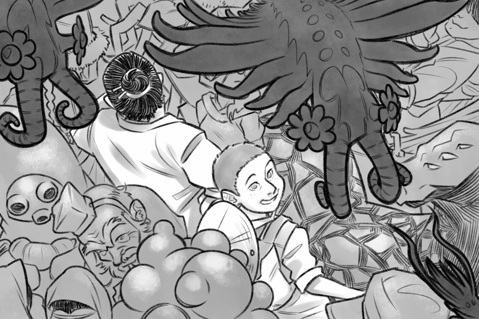 "Hana realizes the traffic around them is nearly half spirits now, more than she’s ever seen in her entire life. At least they seem friendly, in that city way where everyone’s just trying to get wherever they’re going with minimal fuss."