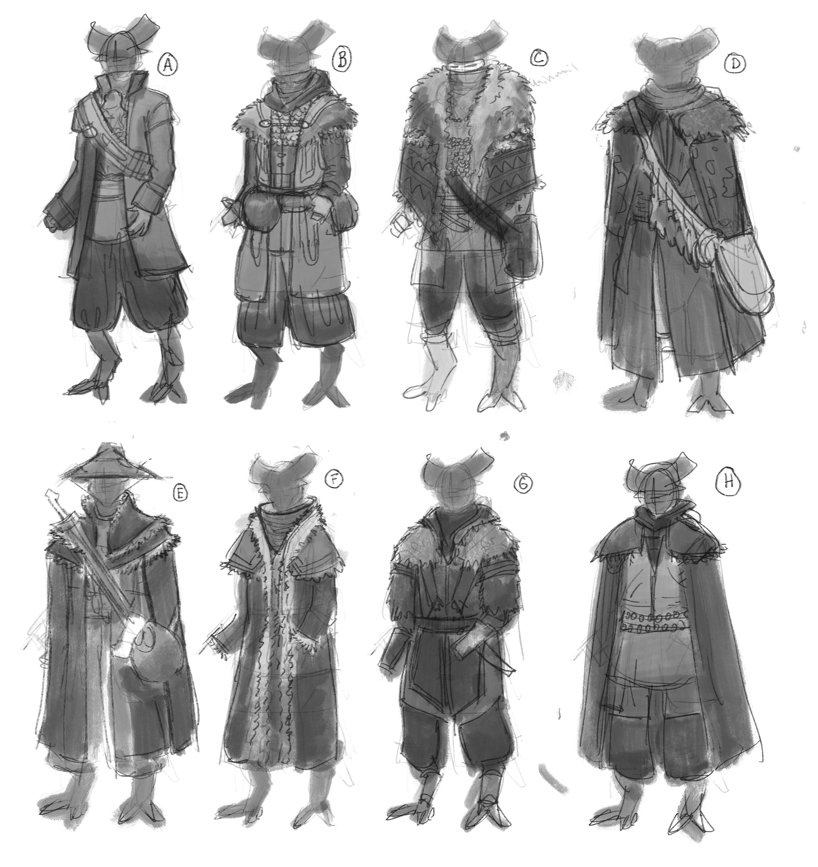 (Thumbnails) Early on I pulled from a number of influences to try and land on a unique feel including medieval Europe, Russia, Inuit, and Mongolian
