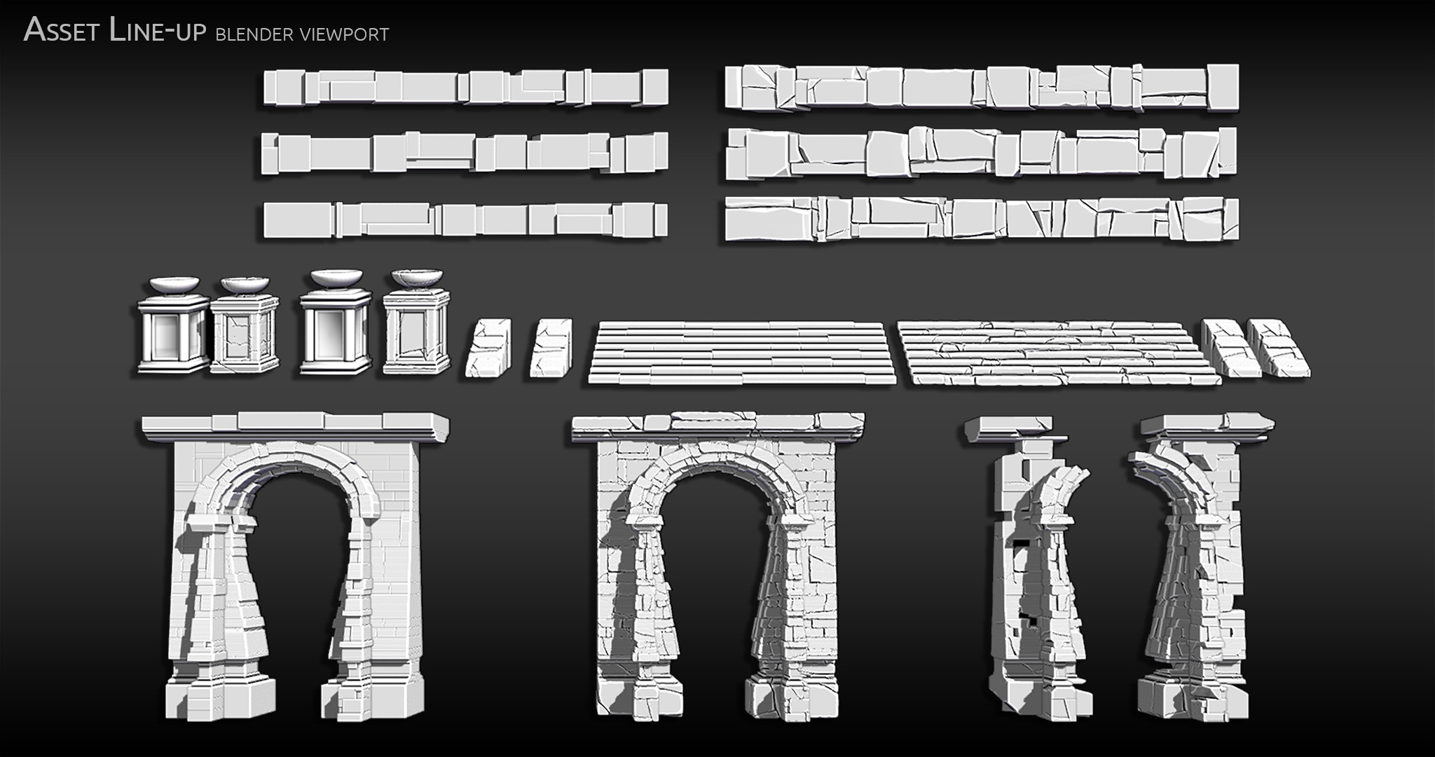 Asset lineup in Blender viewport
LP on left, MP/HP on right