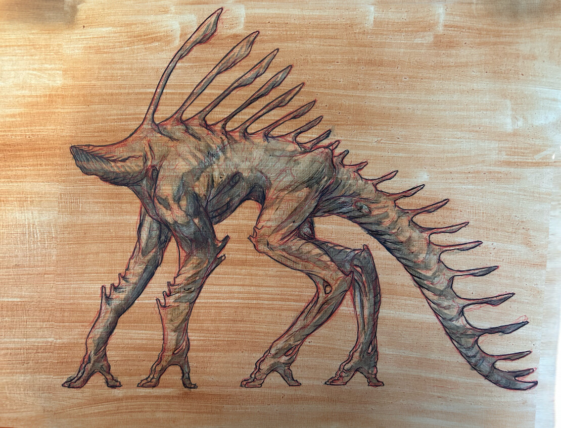 Paper sealed with acrylic matte medium, then toned with burnt umber before shadows of creature are laid in.