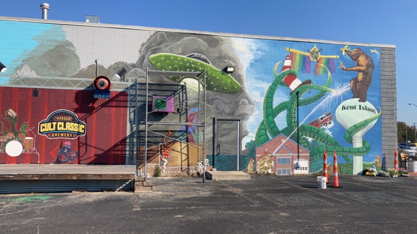 West wall of a local brewery.  Responsible for tentacles, firetruck &amp; station, clouds, UFO and ocean waves