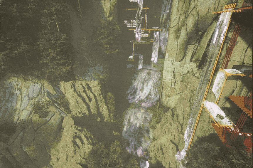 Custom waterfall material with digital styling and effects.