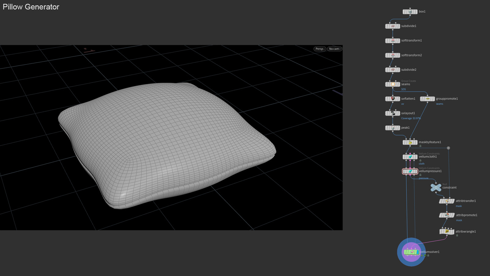 I combined Houdini’s procedural modeling with cloth simulation to generate realistic pillow forms, where wrinkles naturally appear along the UV seams. The simulated result serves as a detailed base mesh, ready for further sculpting and texturing.