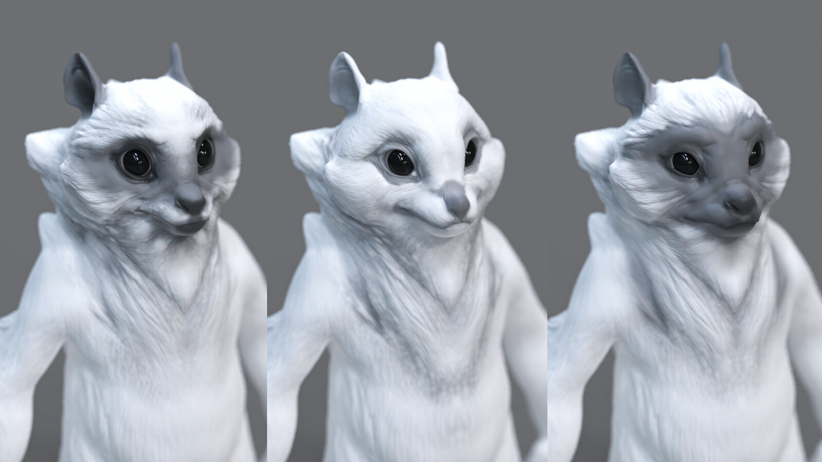 Face studies, exploring how much fur cover they should have.