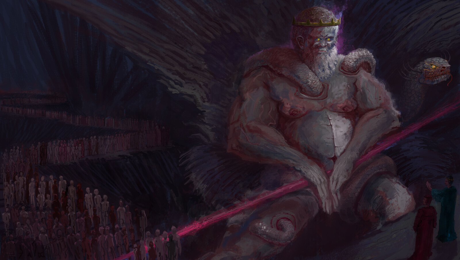 Minos in judgment of souls, decides which layer of Hell each one goes to by how many times the snake coils around his body