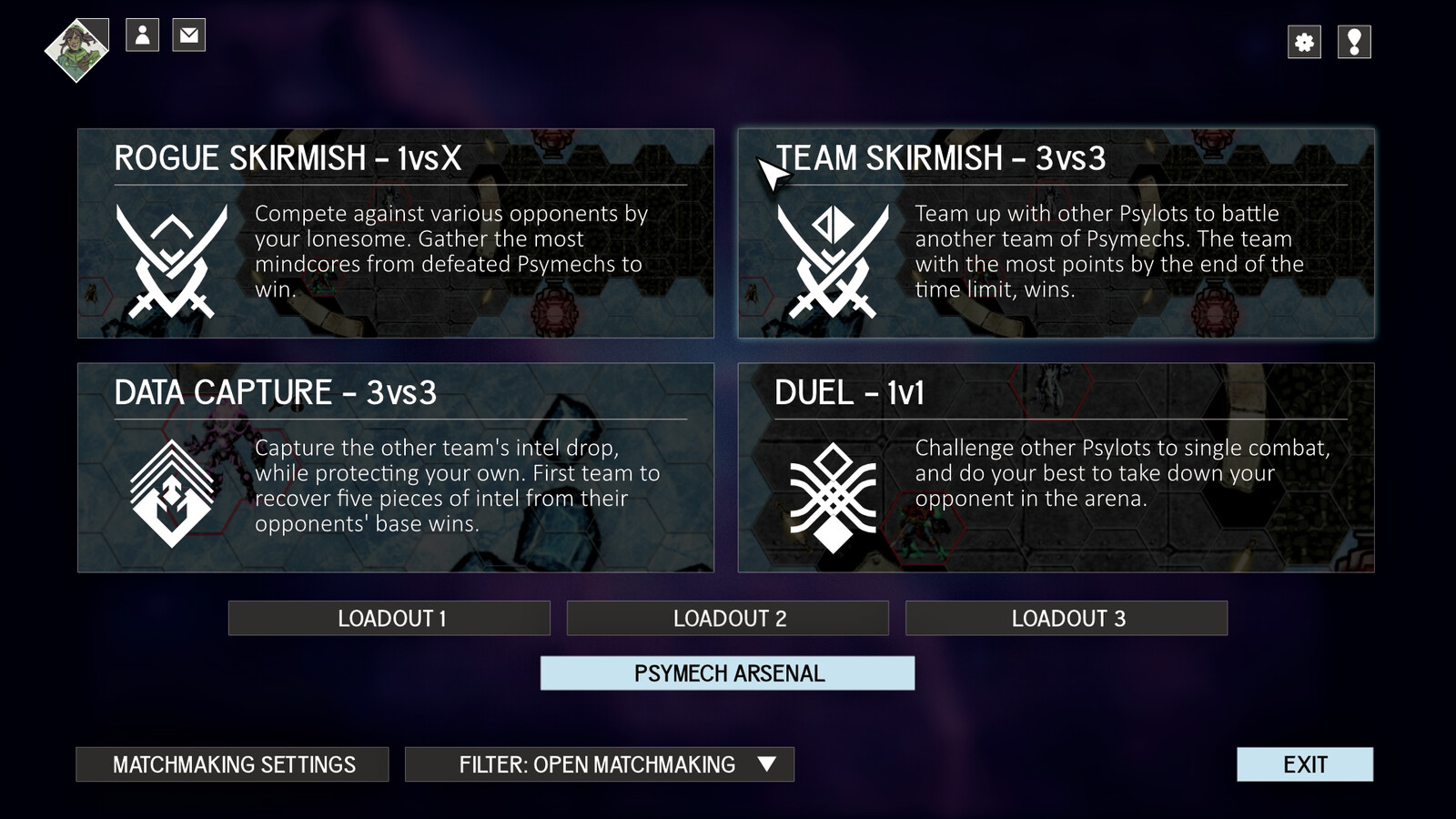 The reference for an old state of Psymech's PVP screen, presenting its game modes in the game's old interface.